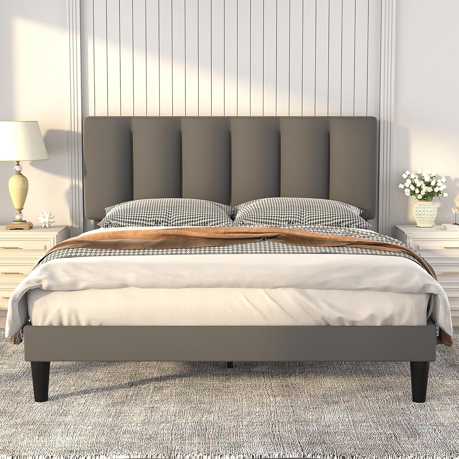 VECELO Modern Upholstered Platform Bedframe, Adjustable Headboard