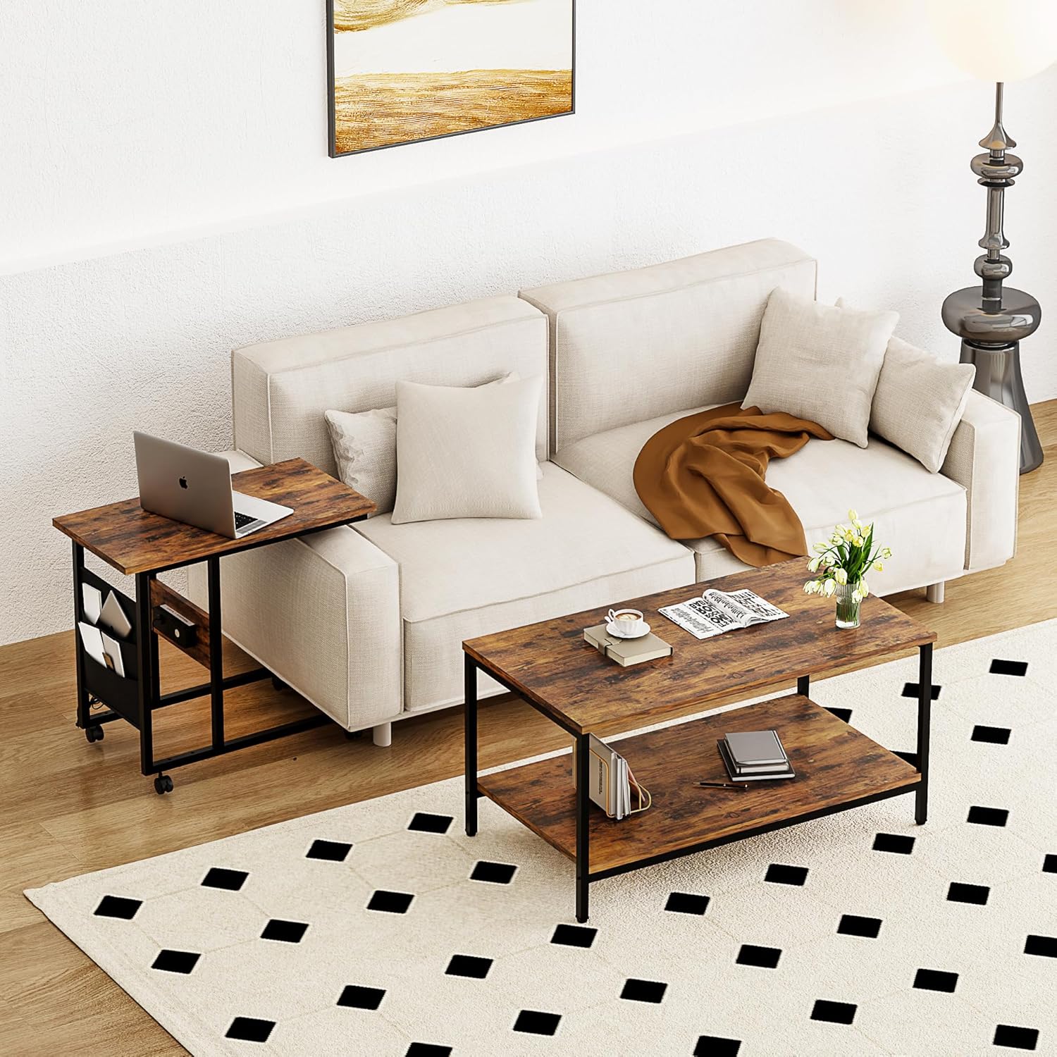 VECELO Coffee Table, Adjustable Coffee Table Set of 2 with End Table for Living Room - VECELO