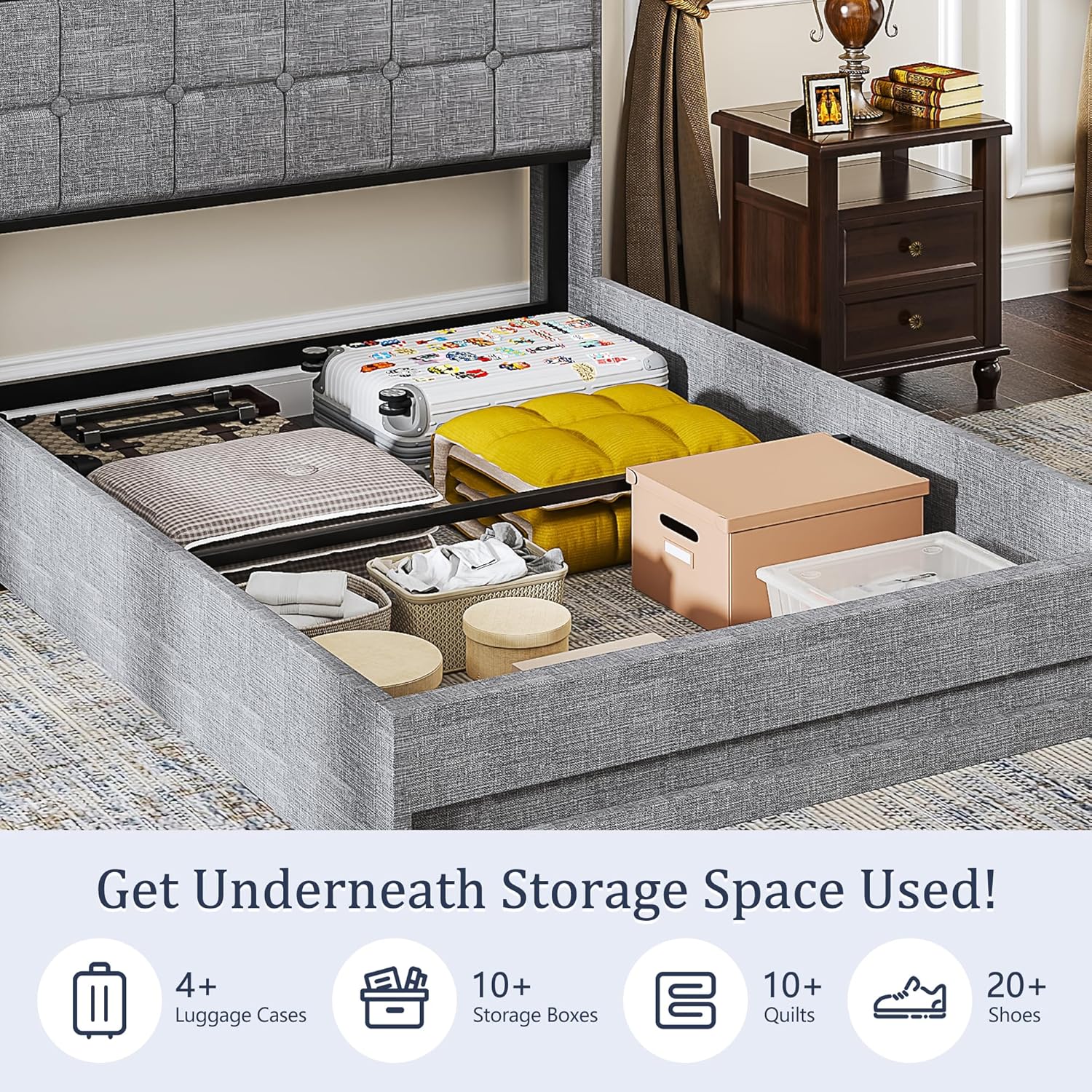 VECELO Lift Up Storage Bed, Upholstered Platform Bed Frame with Smart LED Lights and USB Charging Station