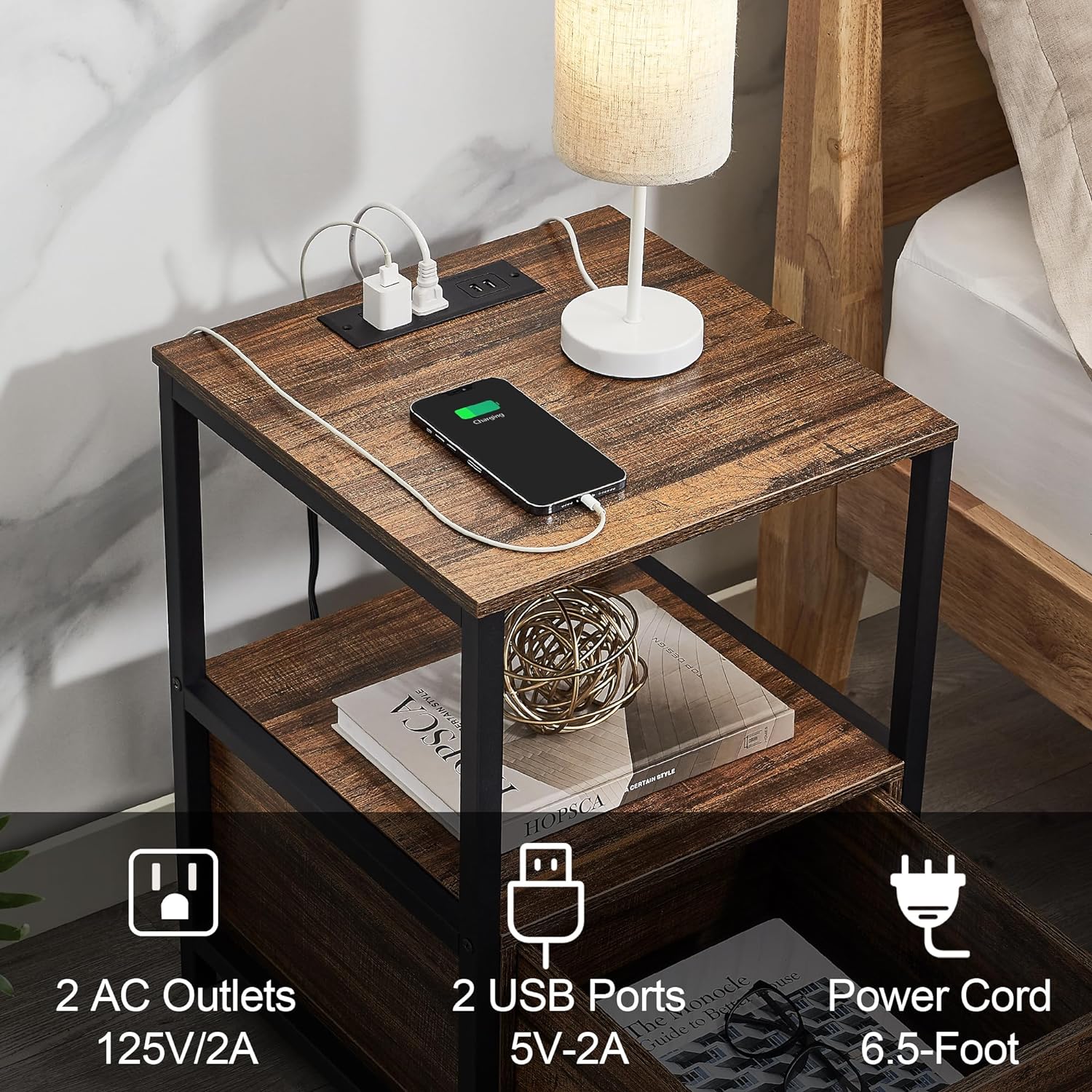 VECELO Modern Nightstand with Charging Station and USB Ports End Side Table