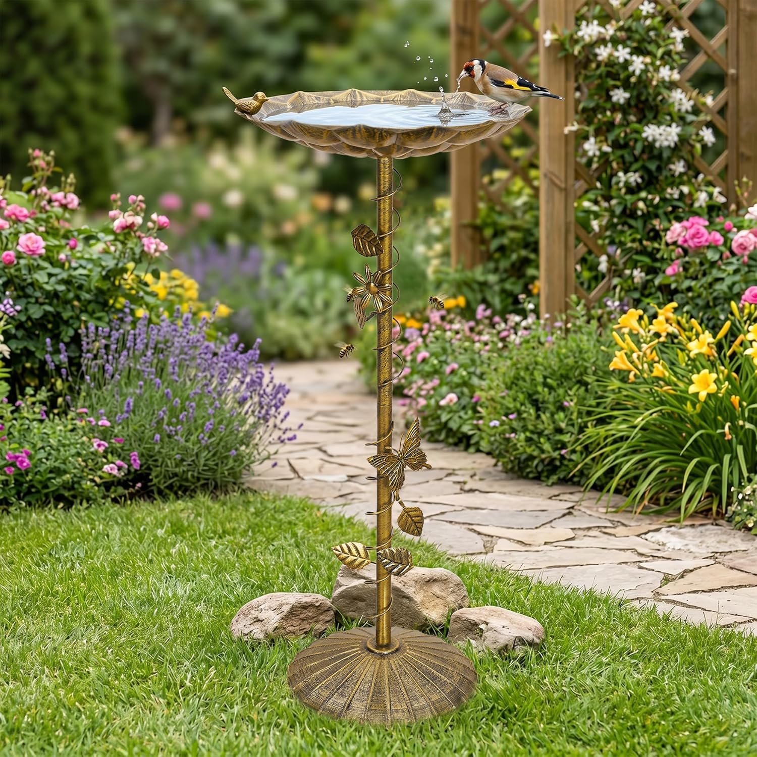 VECELO Antique Gold Metal Bird Bath for Outside