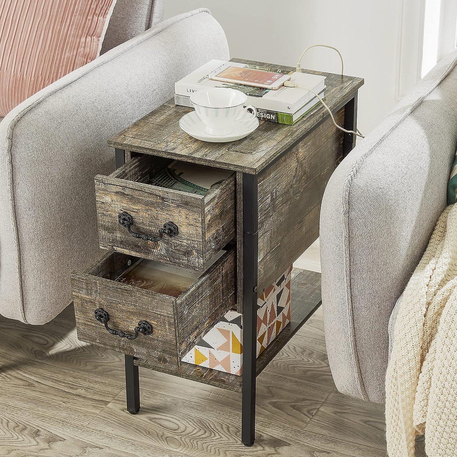 VECELO End Tables,Narrow Nightstands with Charging Station & USB Ports &Drawers