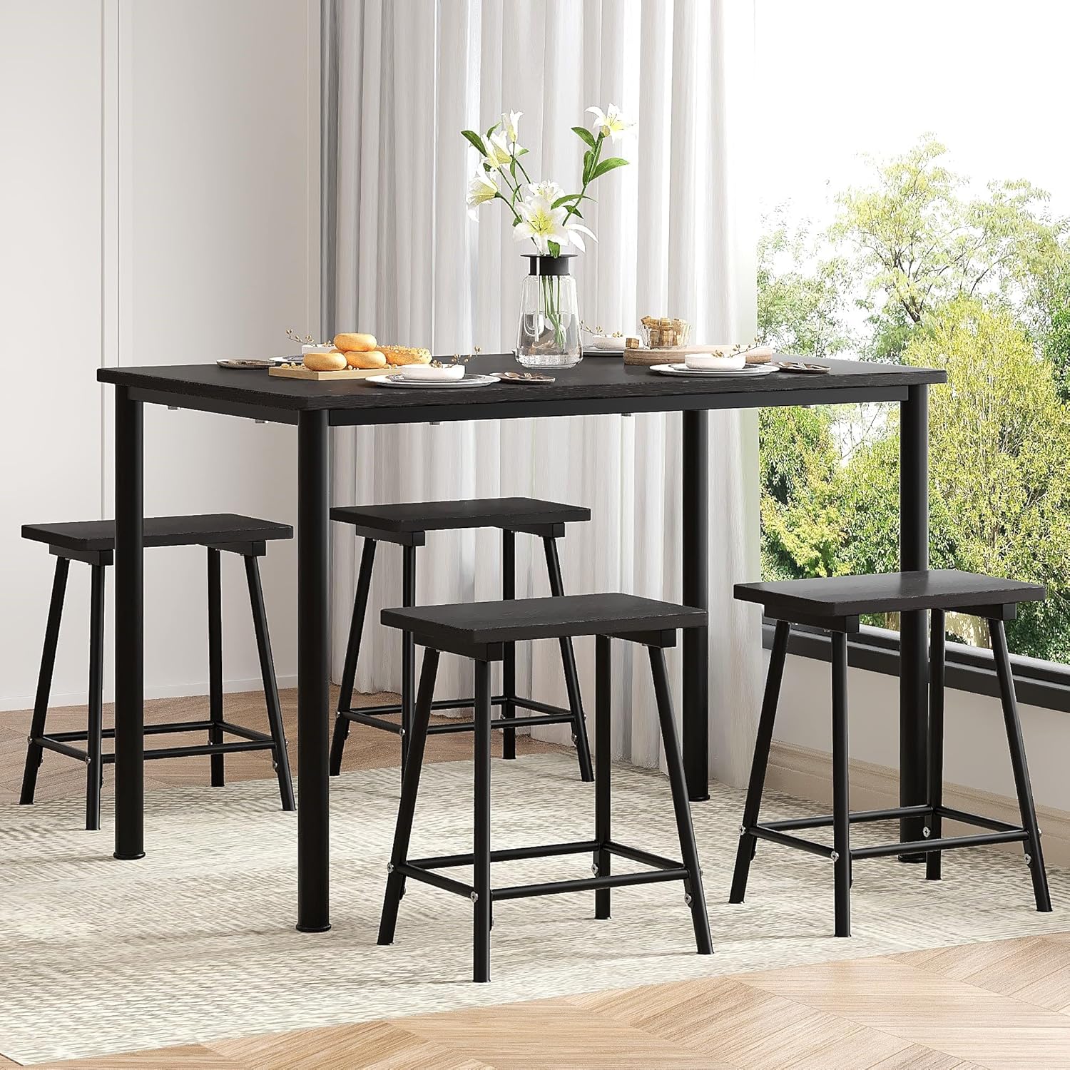 VECELO 5-Piece Dining Table Set Metal and Wood Kitchen Furniture with 4 Stools - VECELO