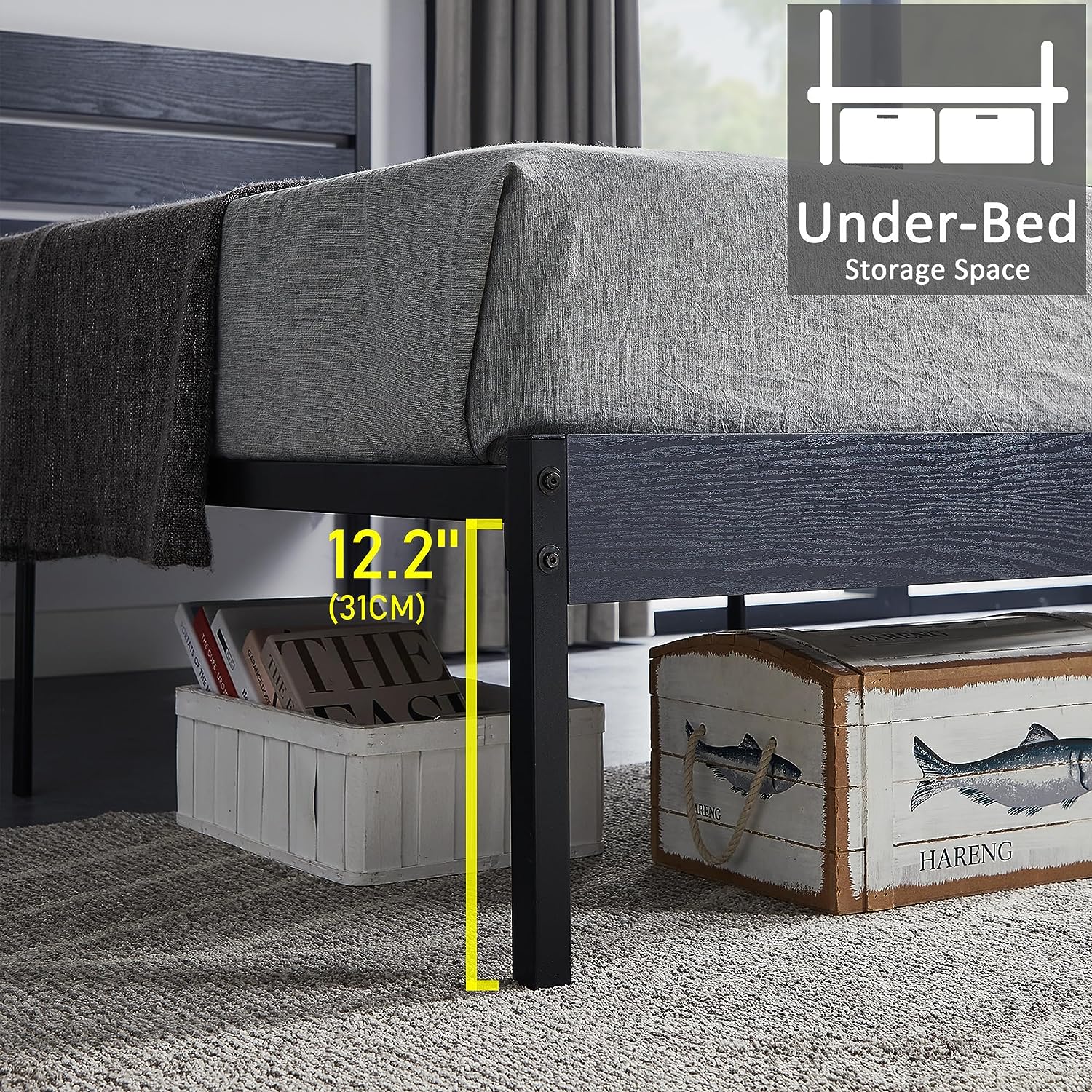 VECELO Platform Bed Frame with Rustic Vintage Wood Headboard/Strong Metal Slats Support