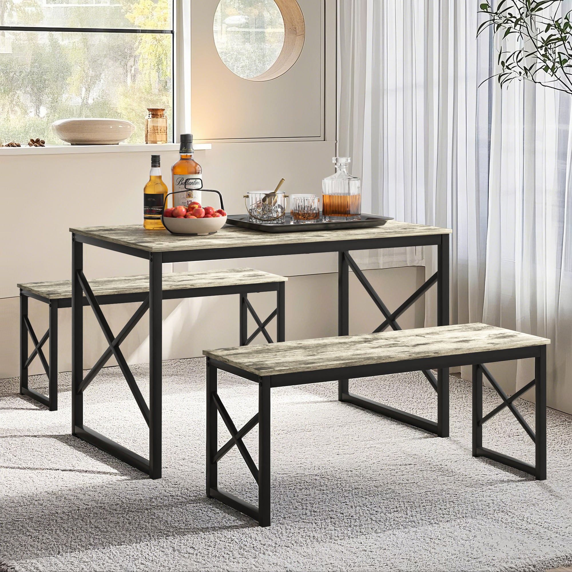 VECELO Kitchen Table with 2 Benches for 4