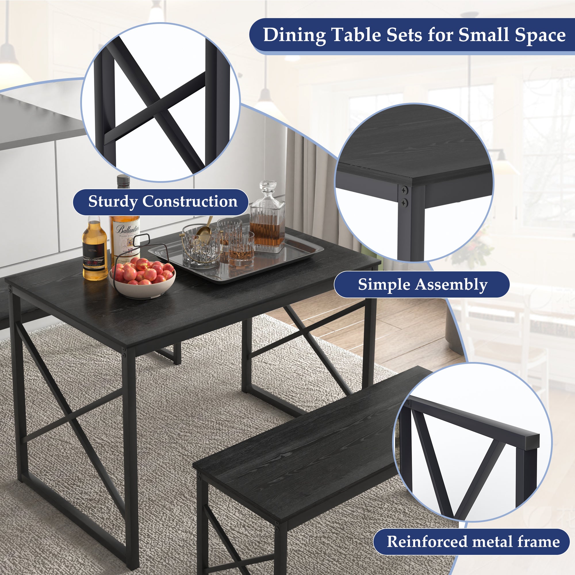 VECELO Kitchen Table with 2 Benches for 4