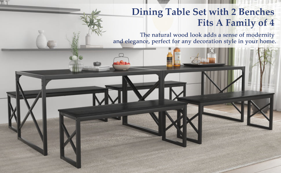 VECELO Kitchen Table with 2 Benches for 4