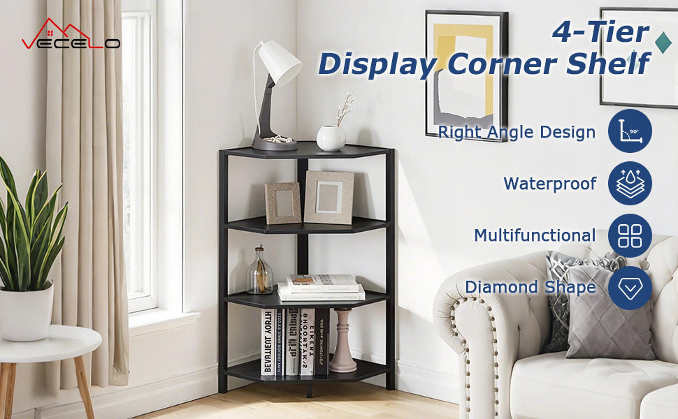 VECELO 31" Tall Corner Shelf/4-Tier Display Shelves with Metal Frame