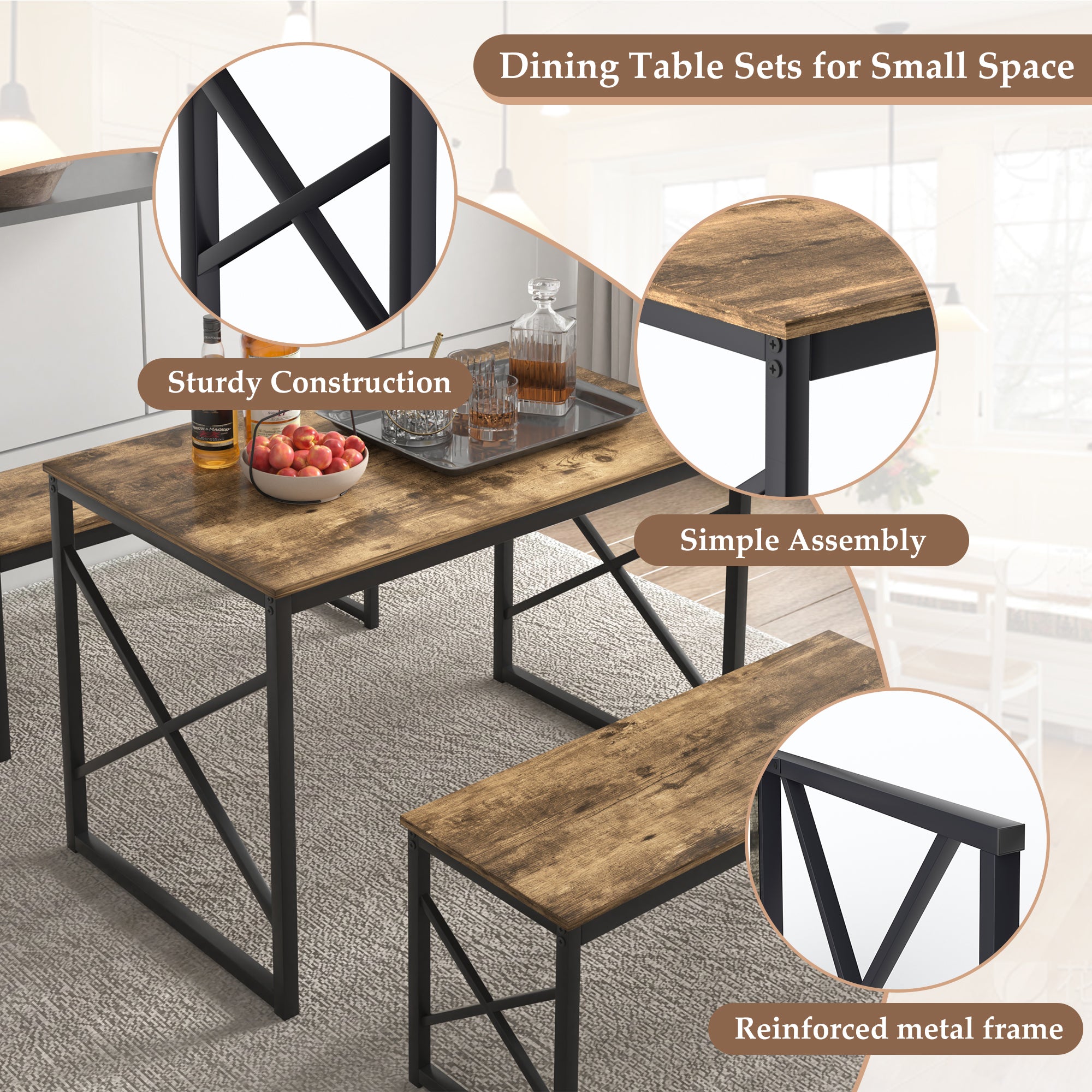 VECELO Kitchen Table with 2 Benches for 4