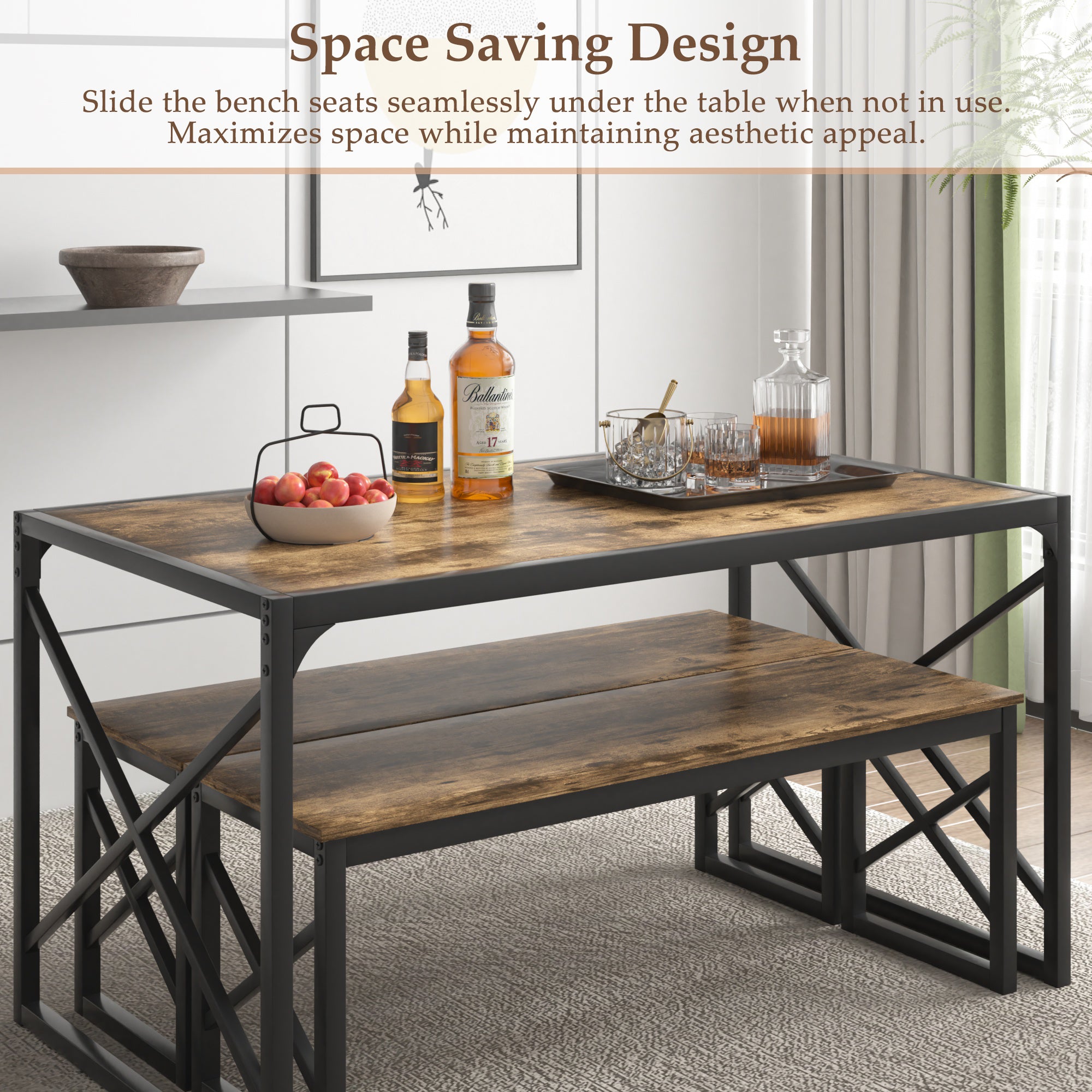 VECELO Kitchen Table with 2 Benches for 4