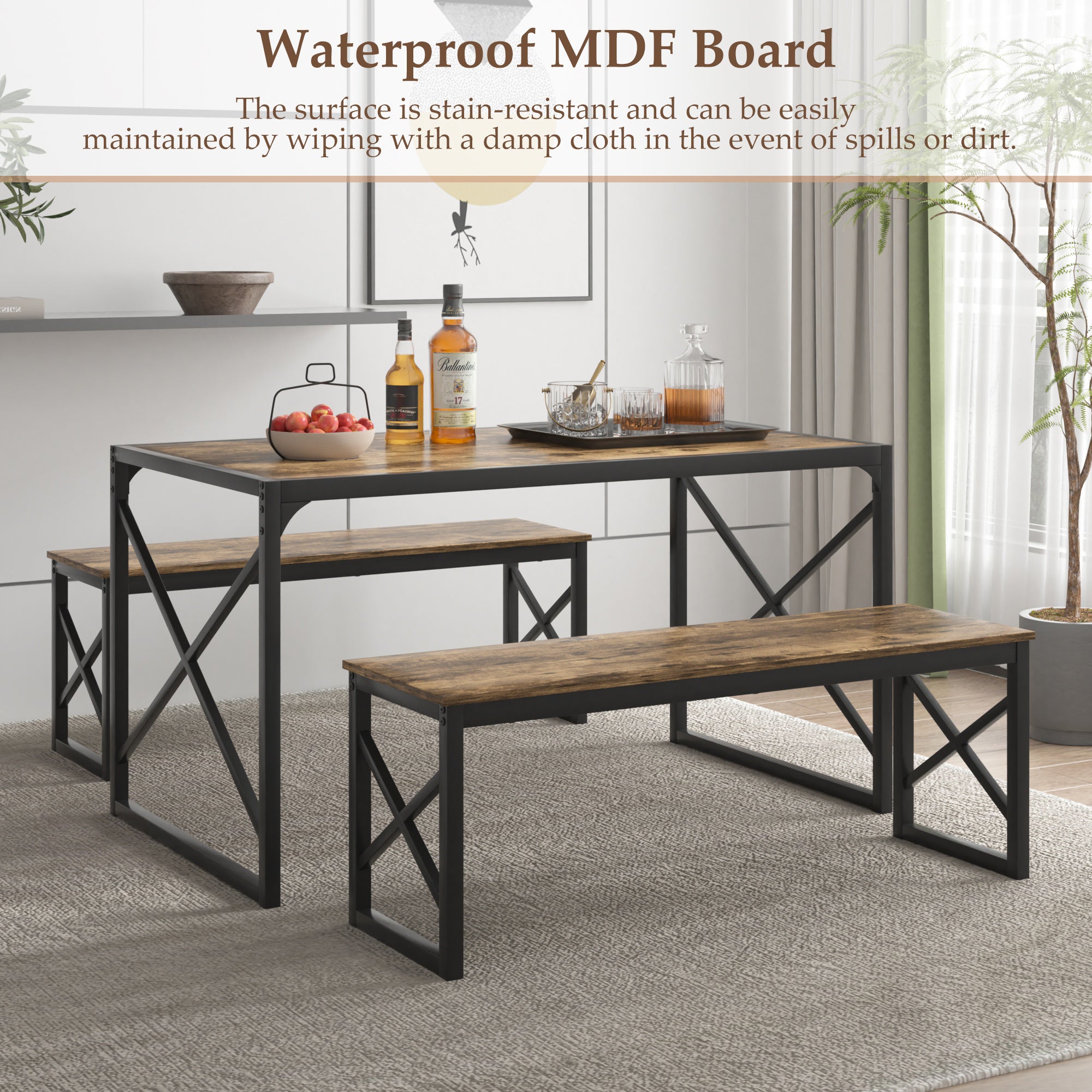 VECELO Kitchen Table with 2 Benches for 4