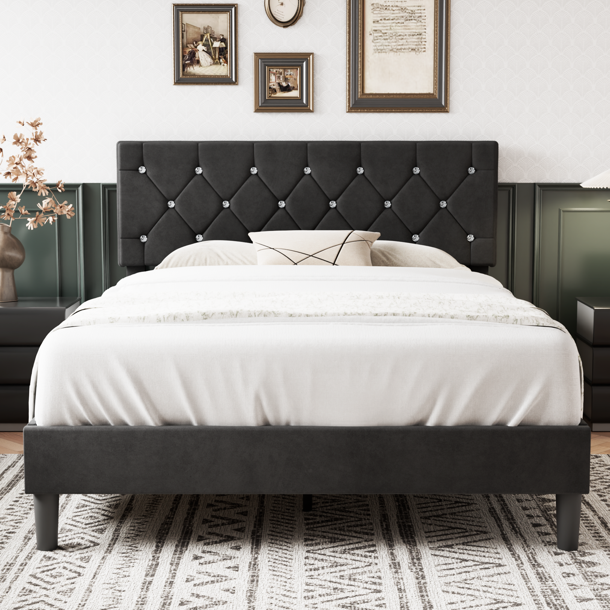 VECELO Bed Frame, Upholstered Platform with Adjustable Diamond Tufted Headboard