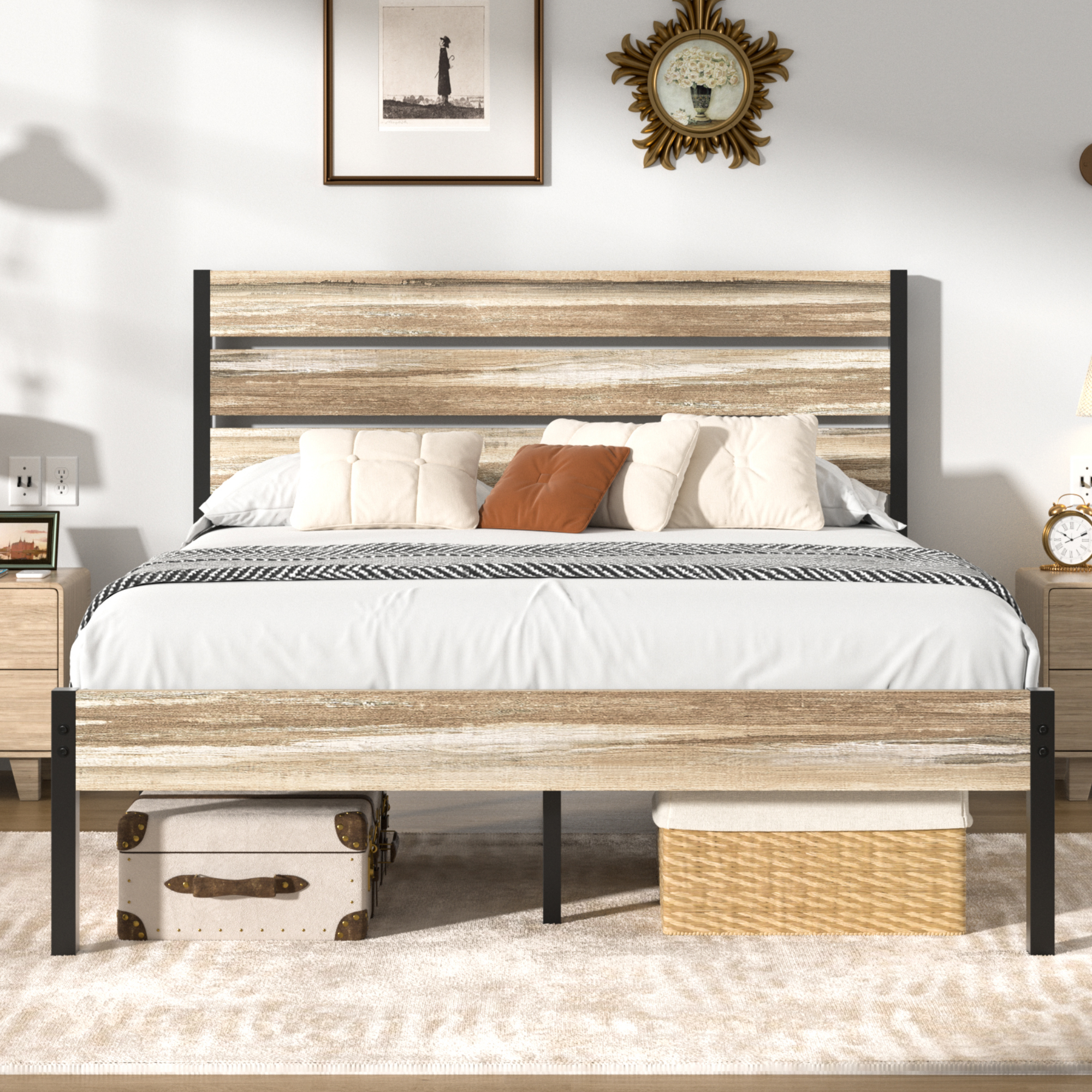VECELO Platform Bed Frame with Rustic Vintage Wood Headboard/Strong Metal Slats Support