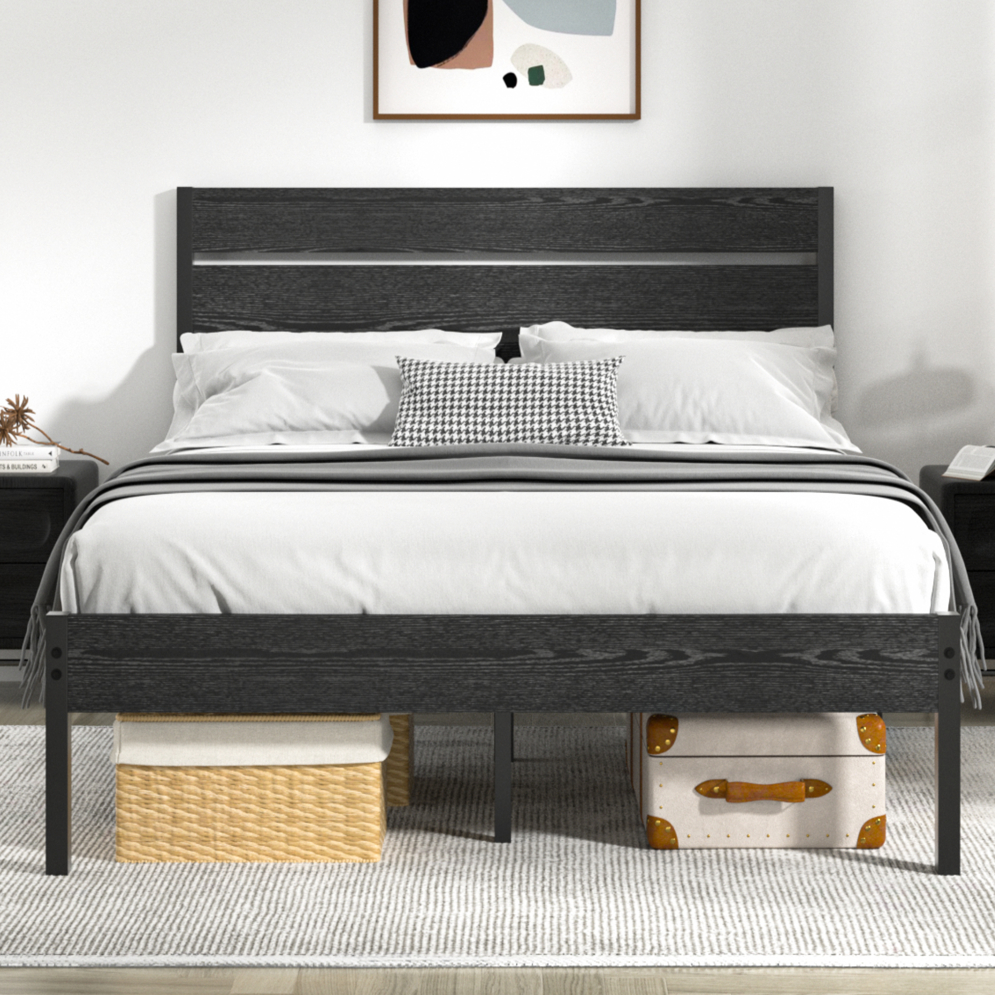 VECELO Platform Bed Frame with Rustic Vintage Wood Headboard/Strong Metal Slats Support