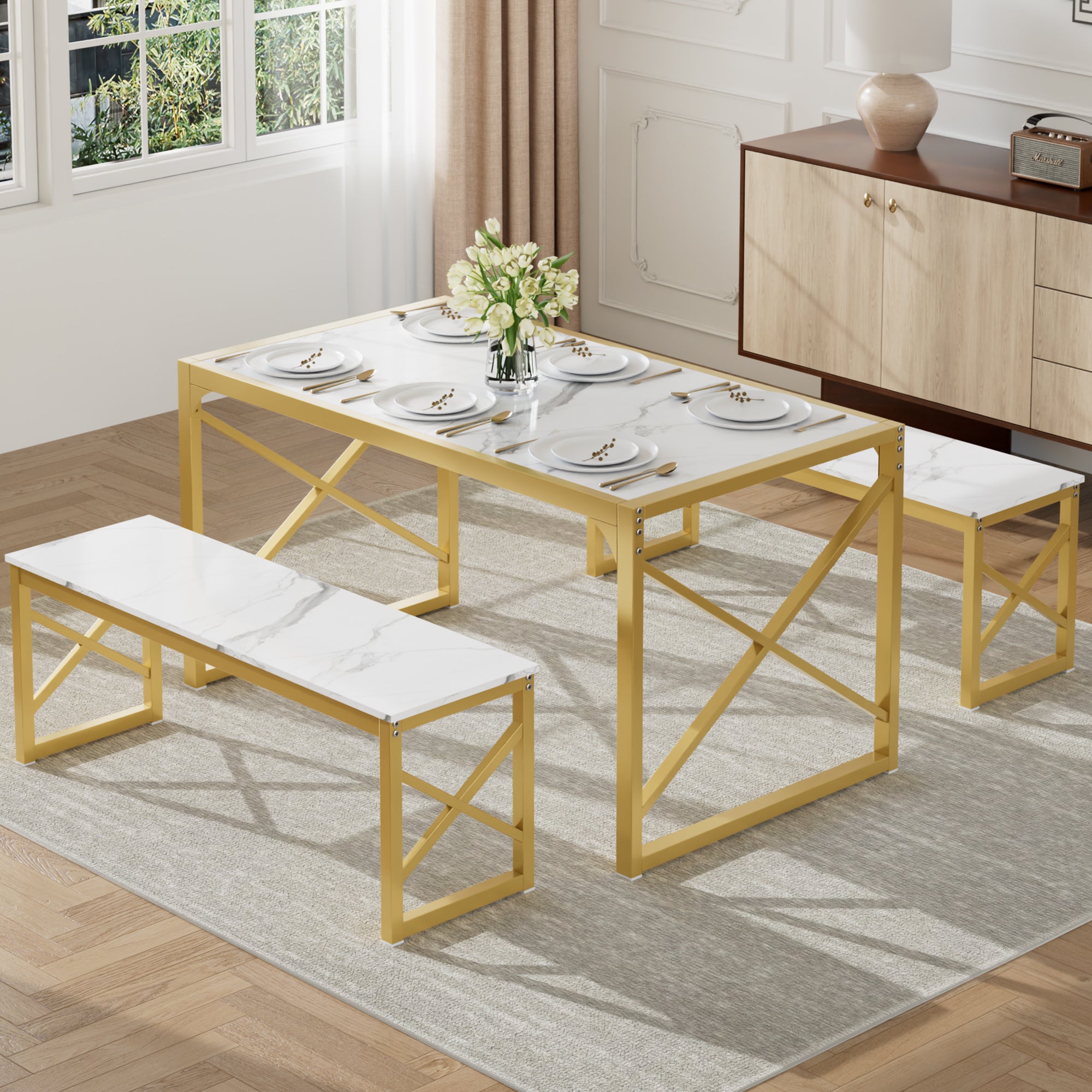 VECELO Kitchen Table with 2 Benches for 4