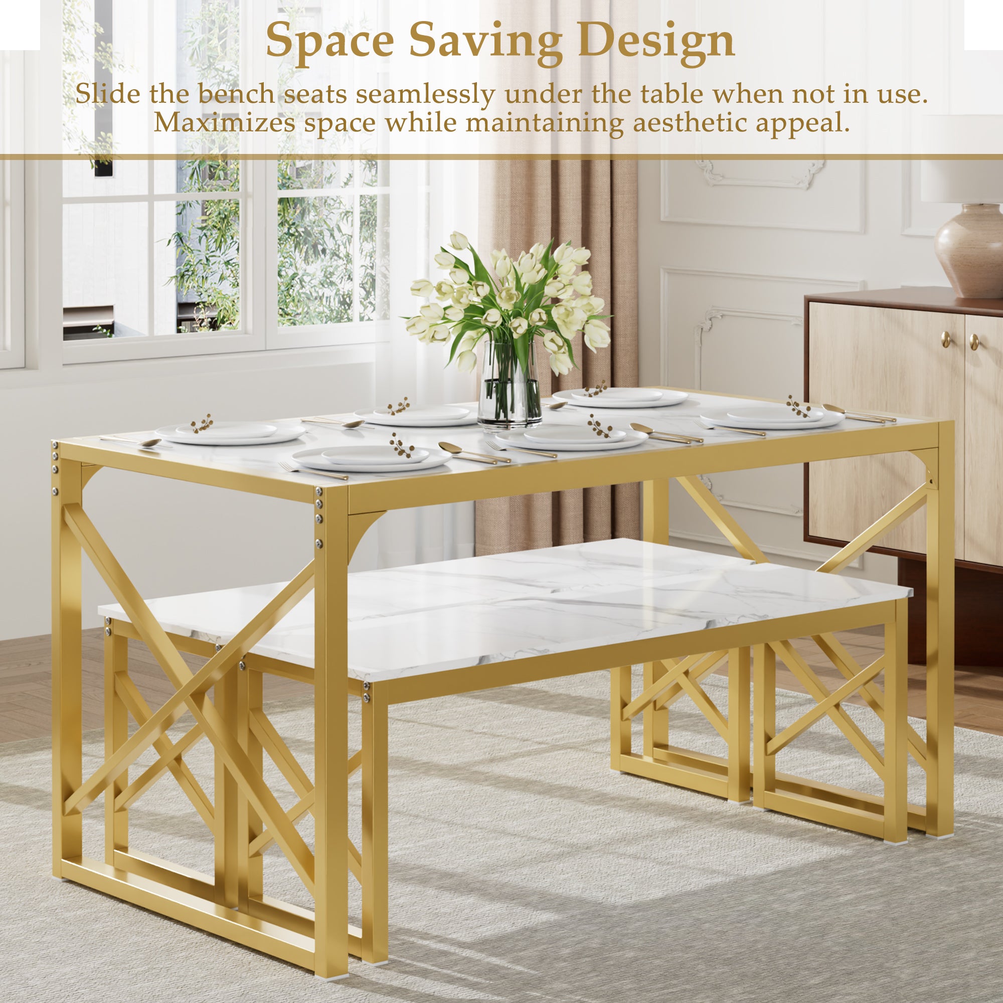 VECELO Kitchen Table with 2 Benches for 4