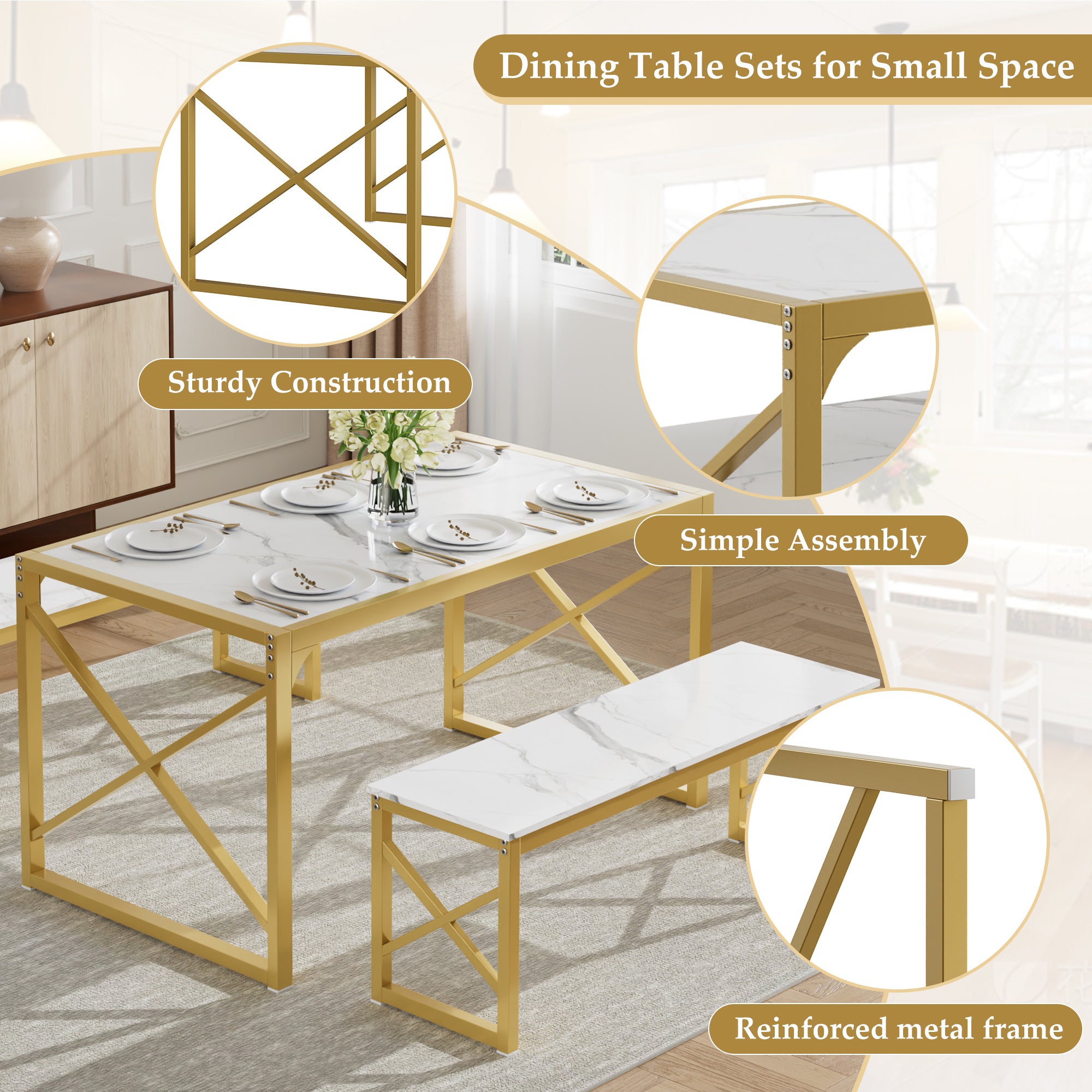 VECELO Kitchen Table with 2 Benches for 4