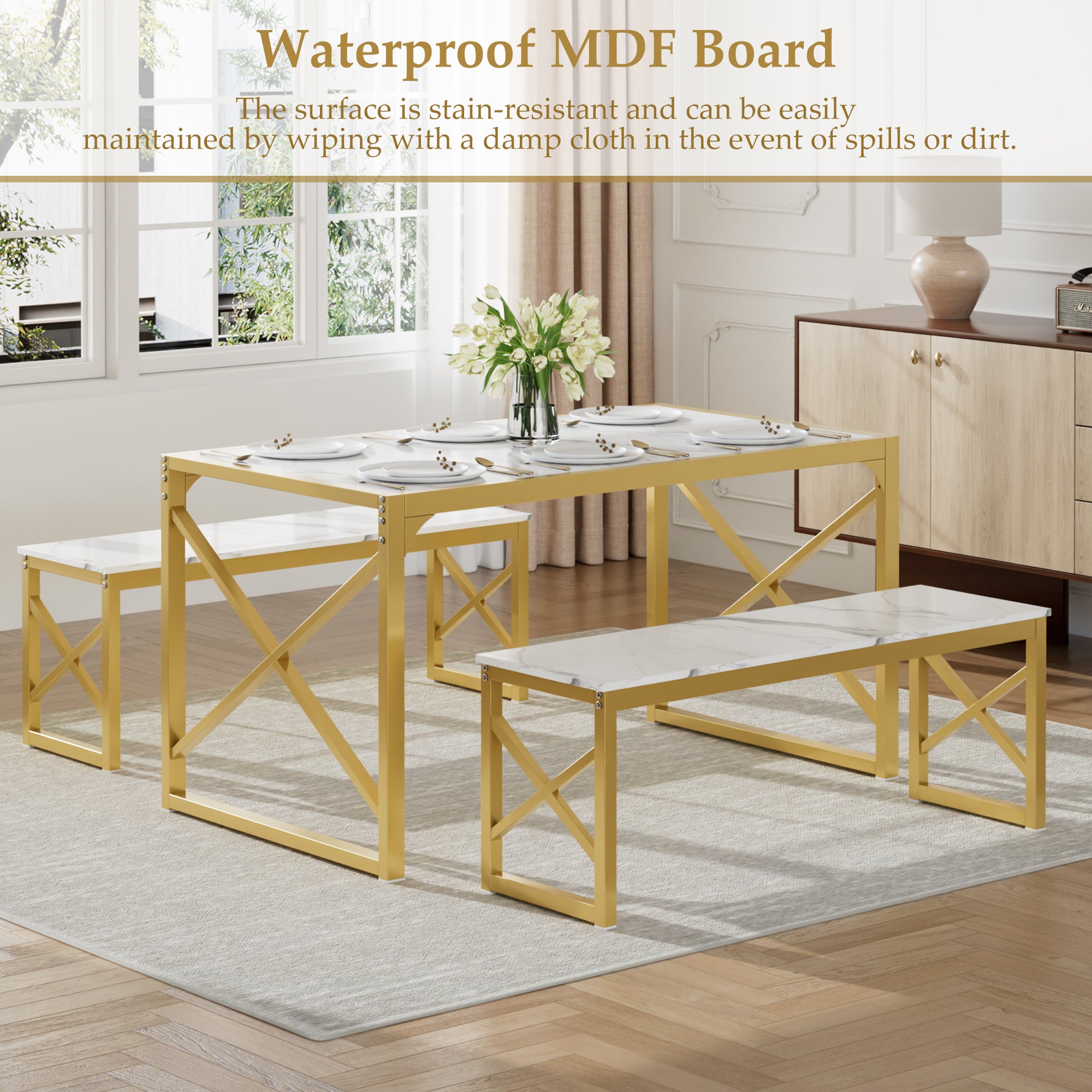 VECELO Kitchen Table with 2 Benches for 4