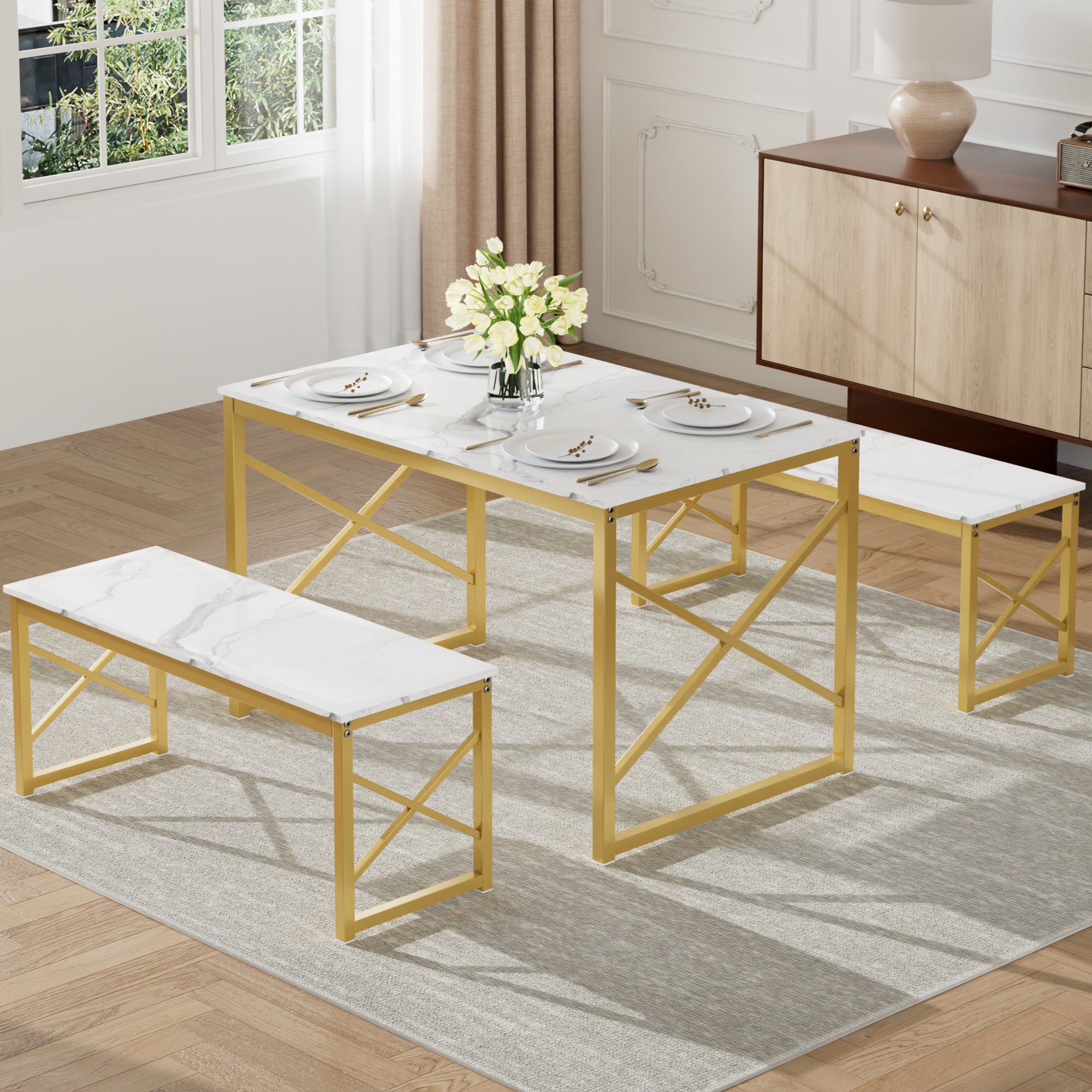 VECELO Kitchen Table with 2 Benches for 4