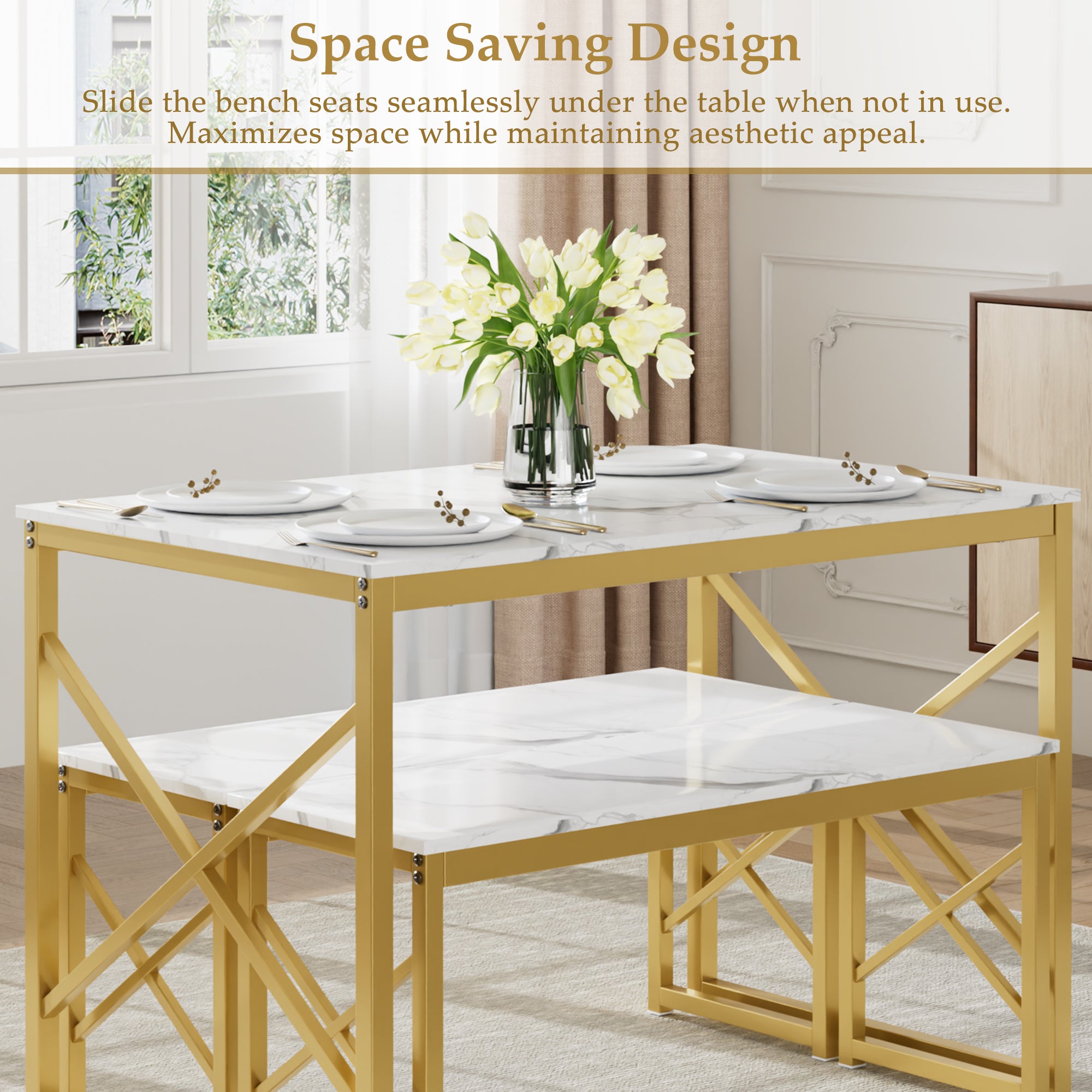 VECELO Kitchen Table with 2 Benches for 4