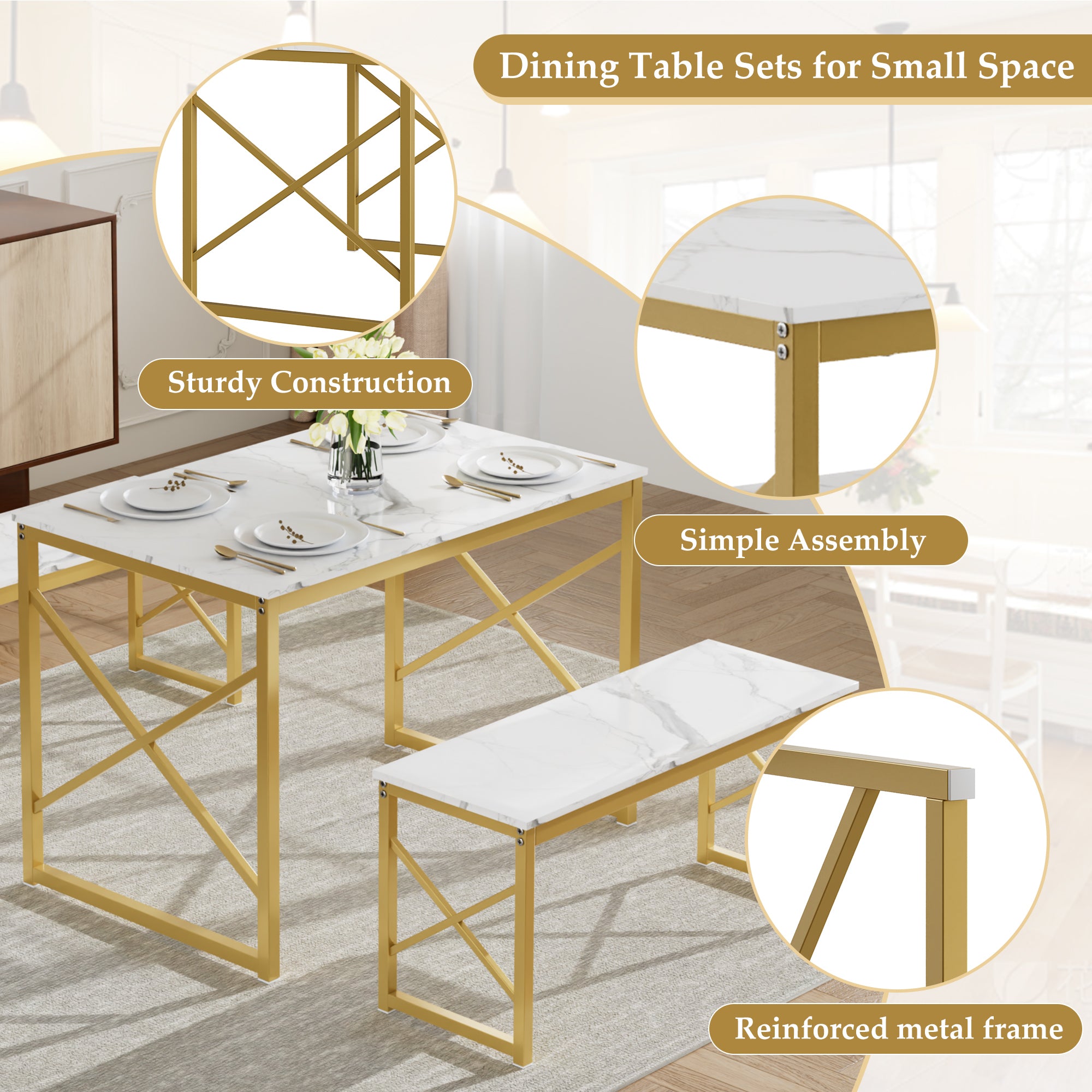 VECELO Kitchen Table with 2 Benches for 4