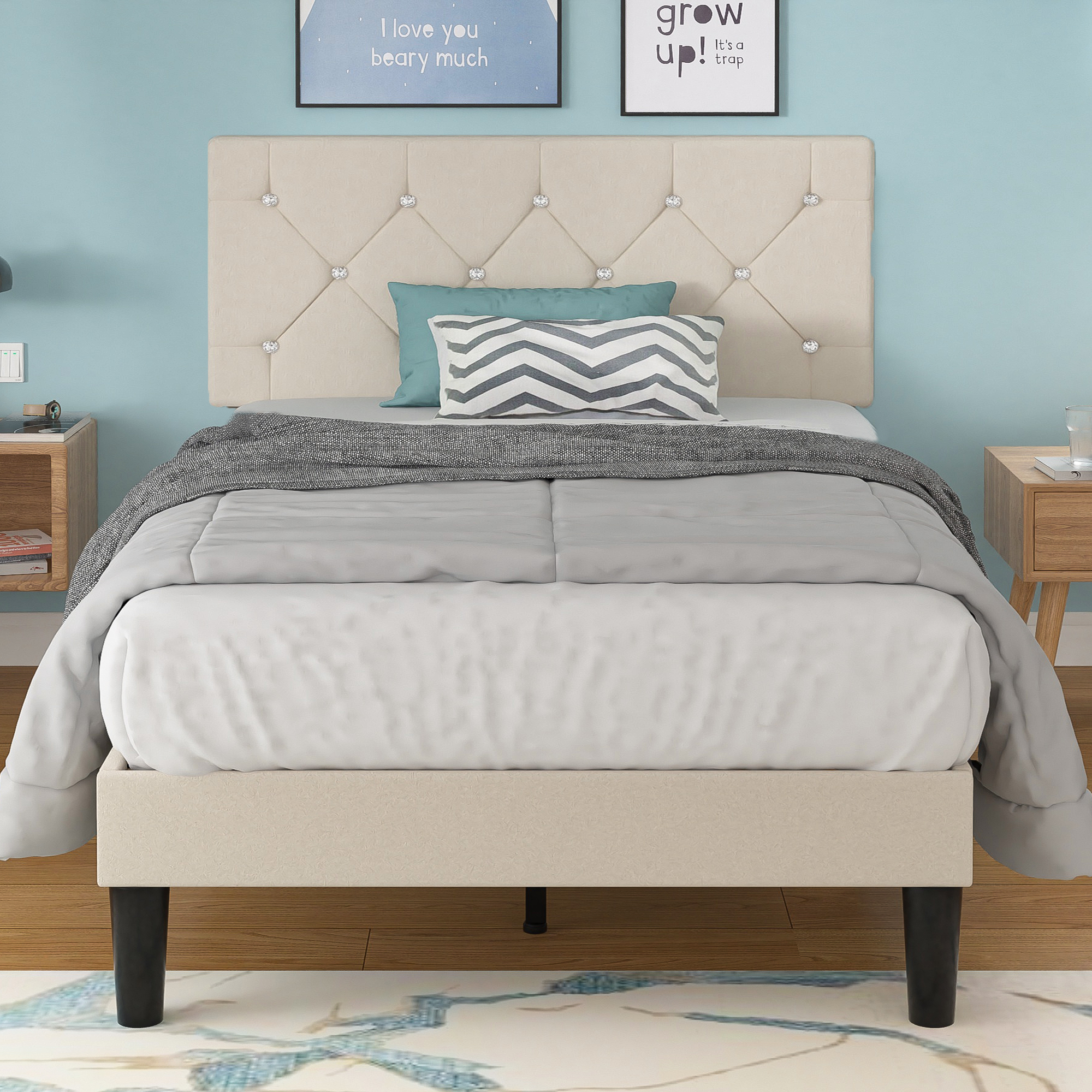 VECELO Twin Size Bed Frame, Upholstered Platform with Adjustable Diamond Tufted Headboard