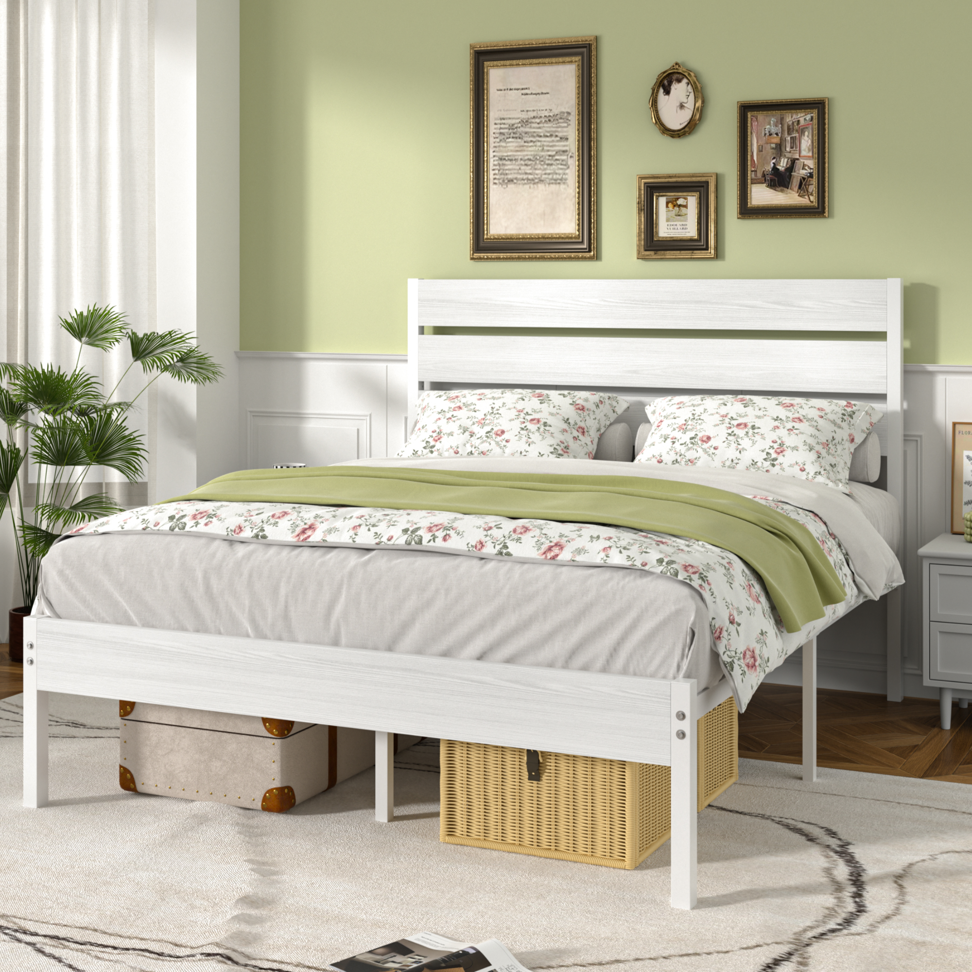 VECELO Platform Bed Frame with Rustic Vintage Wood Headboard/Strong Metal Slats Support