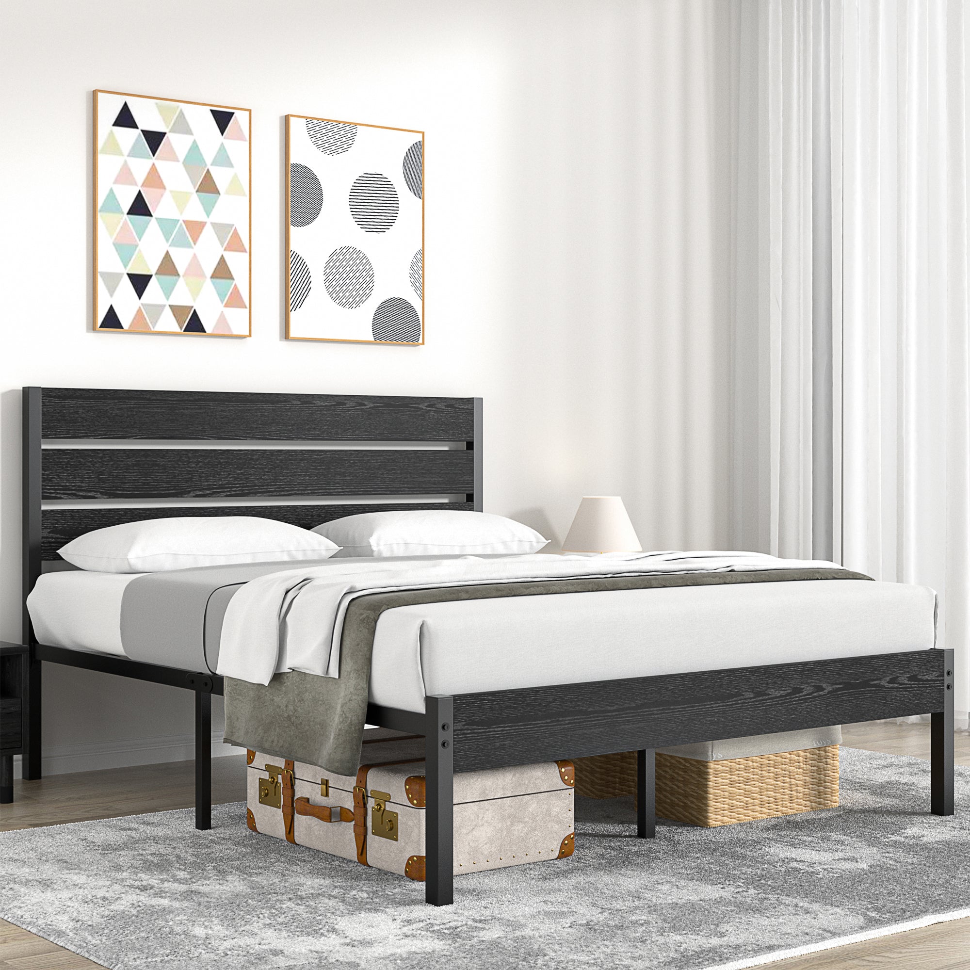 VECELO Platform Bed Frame with Rustic Vintage Wood Headboard/Strong Metal Slats Support