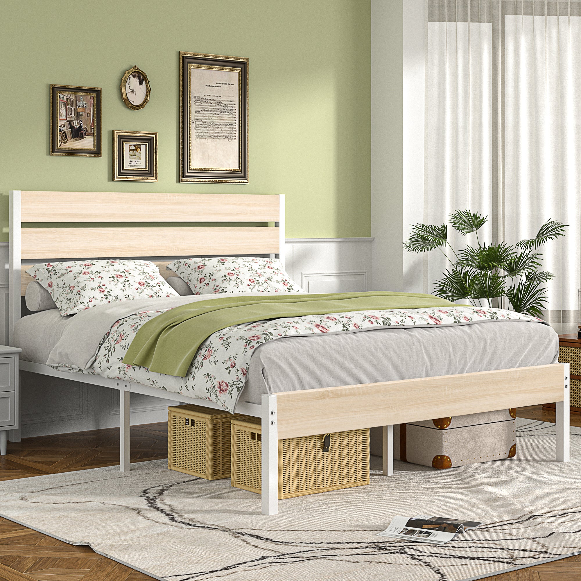 VECELO Platform Bed Frame with Rustic Vintage Wood Headboard/Strong Metal Slats Support