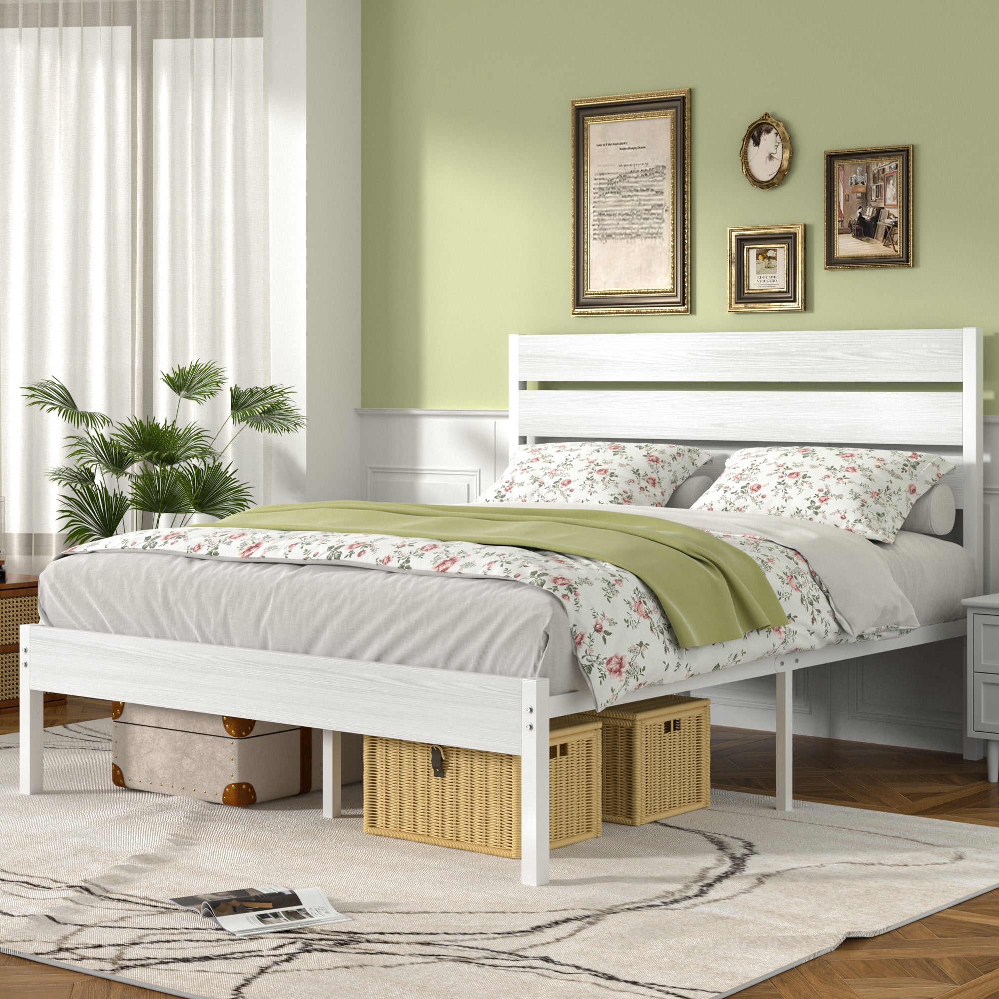 VECELO Platform Bed Frame with Rustic Vintage Wood Headboard/Strong Metal Slats Support