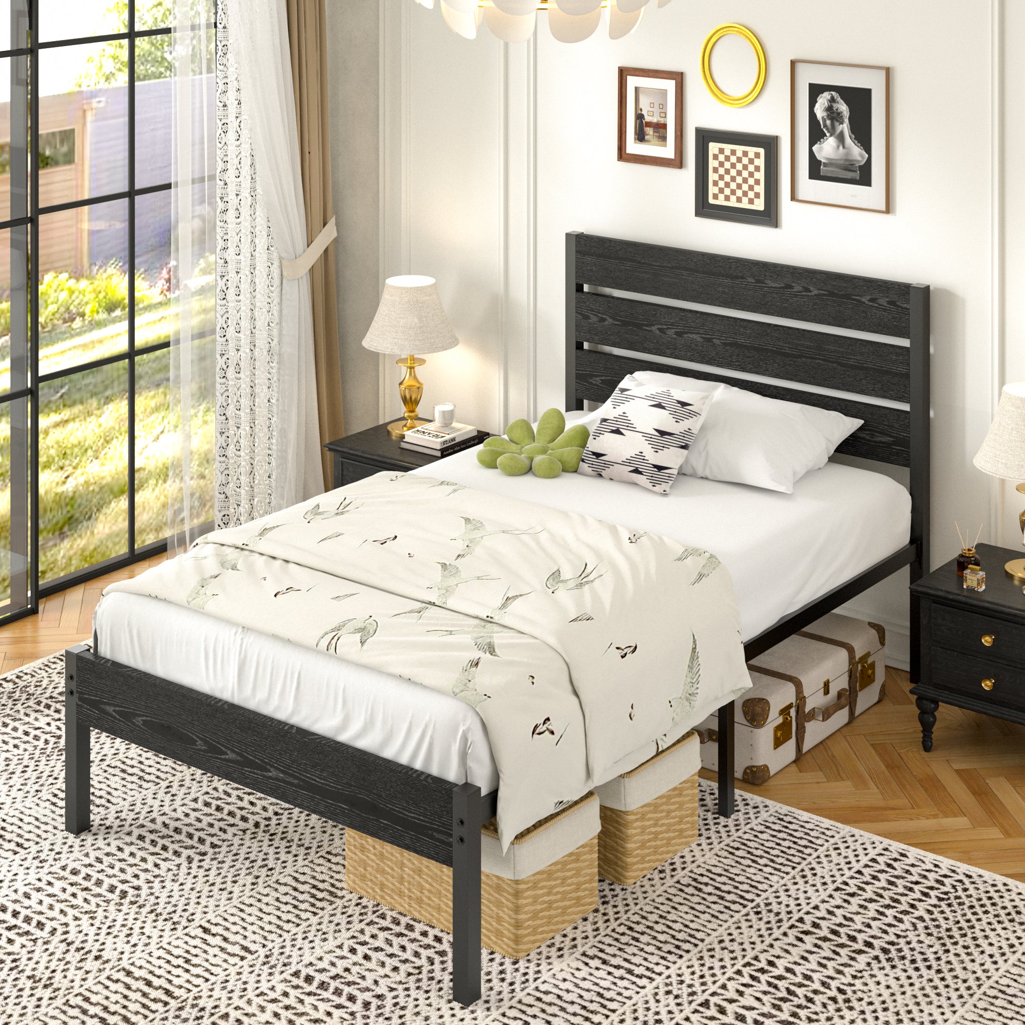 VECELO Platform Bed Frame with Rustic Vintage Wood Headboard/Strong Metal Slats Support