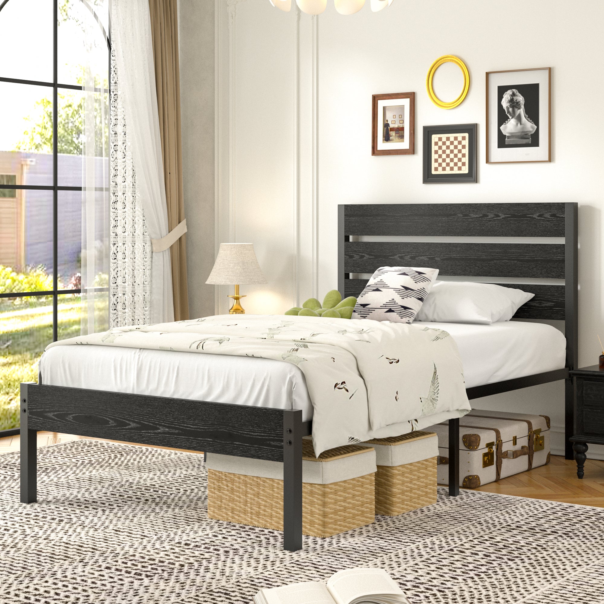 VECELO Platform Bed Frame with Rustic Vintage Wood Headboard/Strong Metal Slats Support