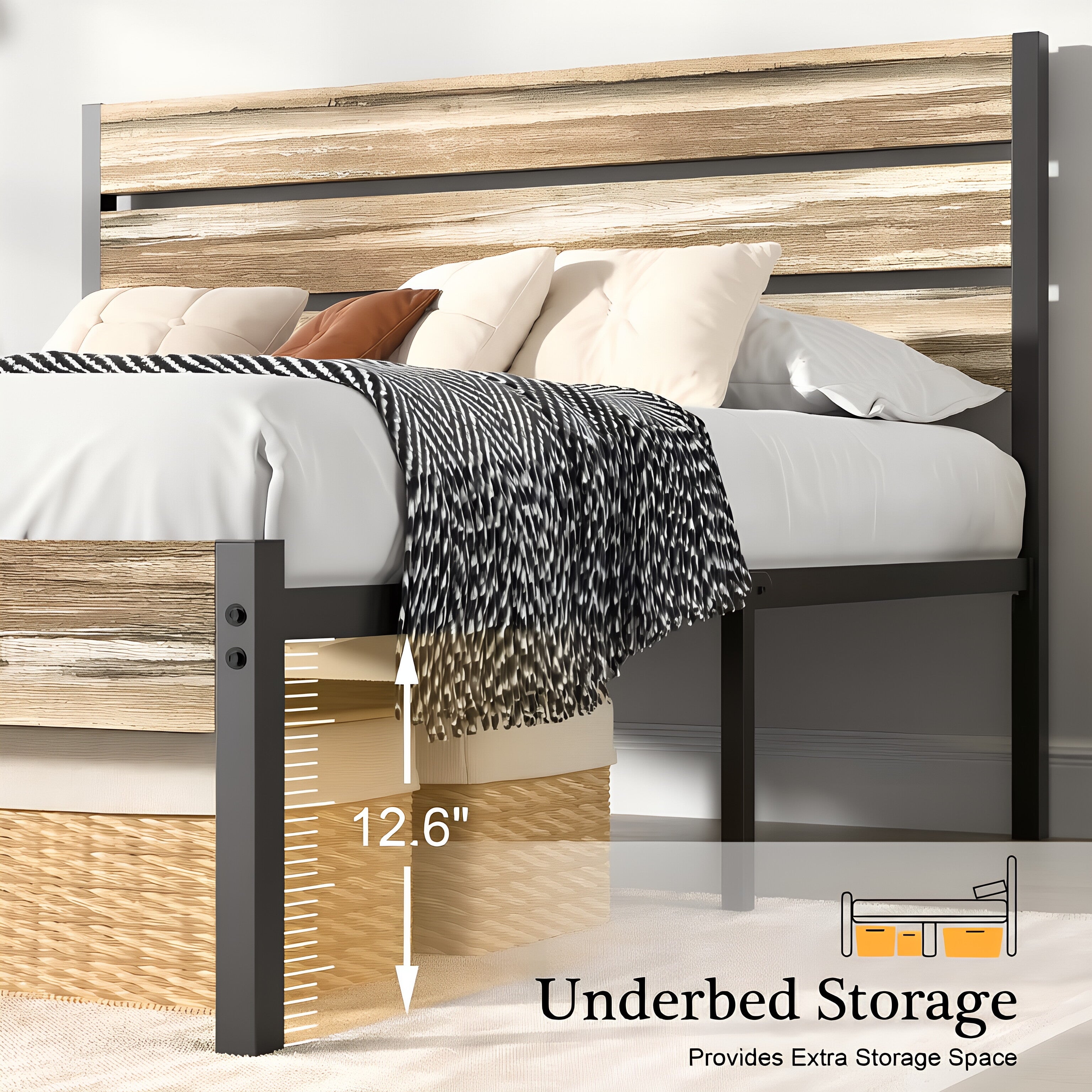 VECELO Platform Bed Frame with Rustic Vintage Wood Headboard/Strong Metal Slats Support