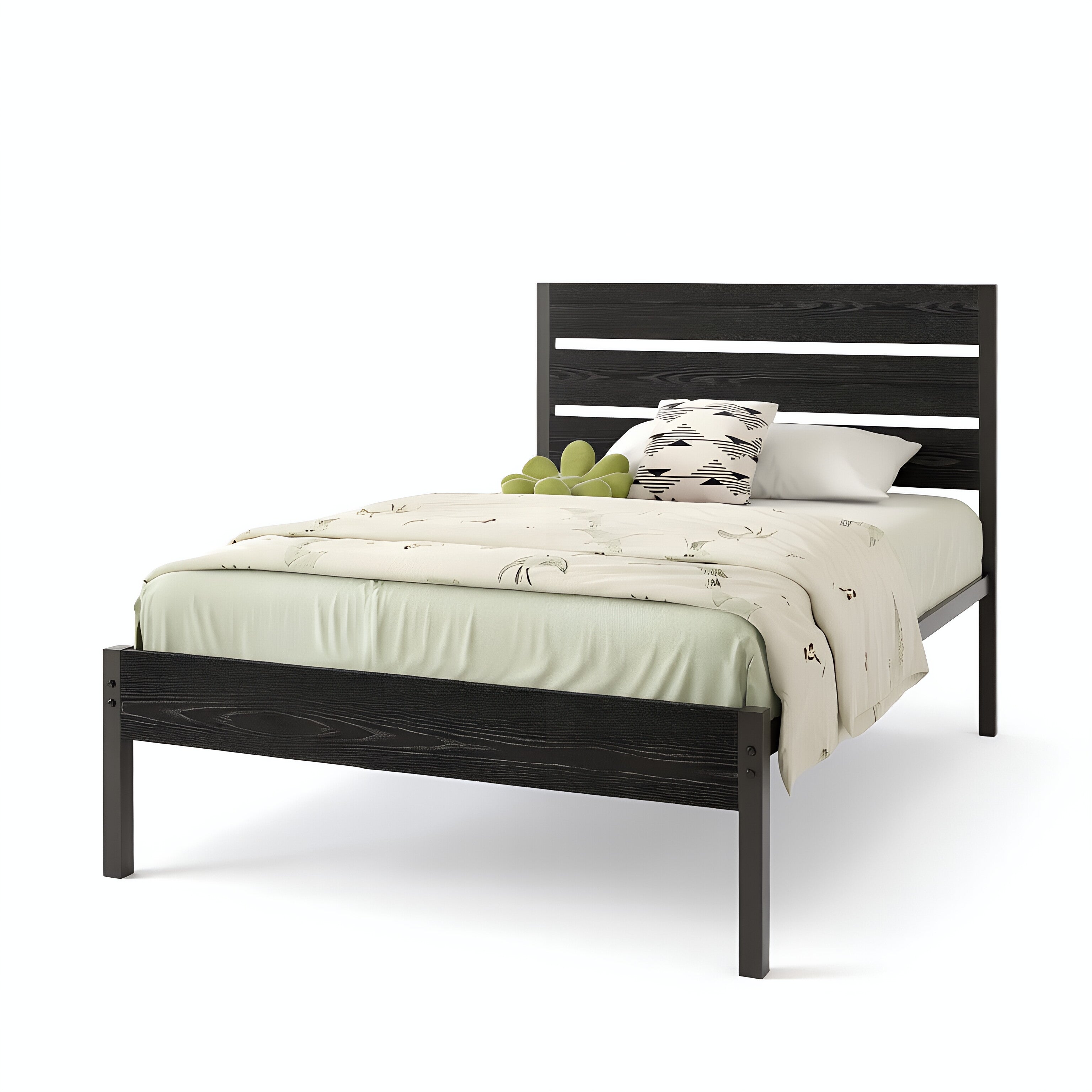 VECELO Platform Bed Frame with Rustic Vintage Wood Headboard/Strong Metal Slats Support