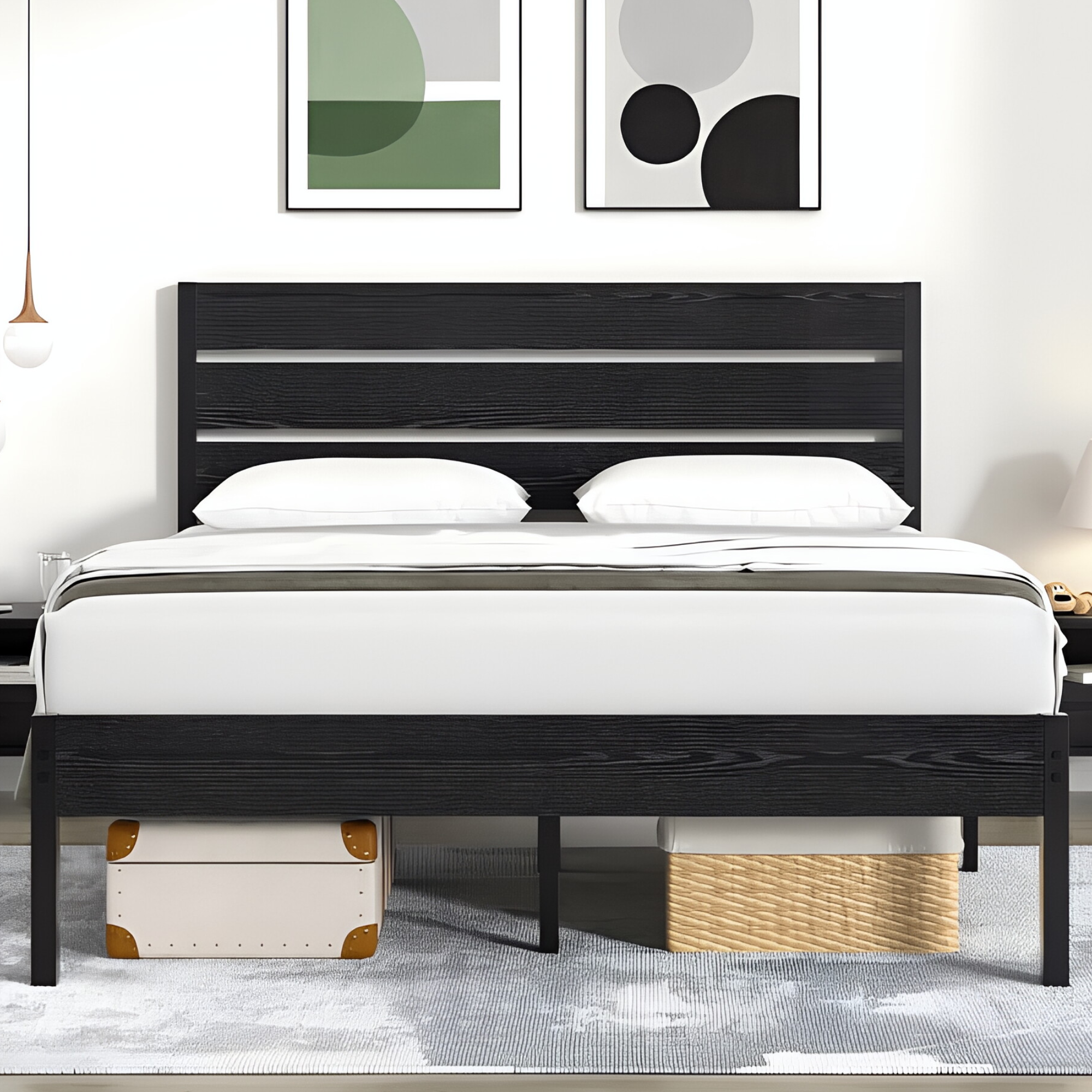 VECELO Platform Bed Frame with Rustic Vintage Wood Headboard/Strong Metal Slats Support