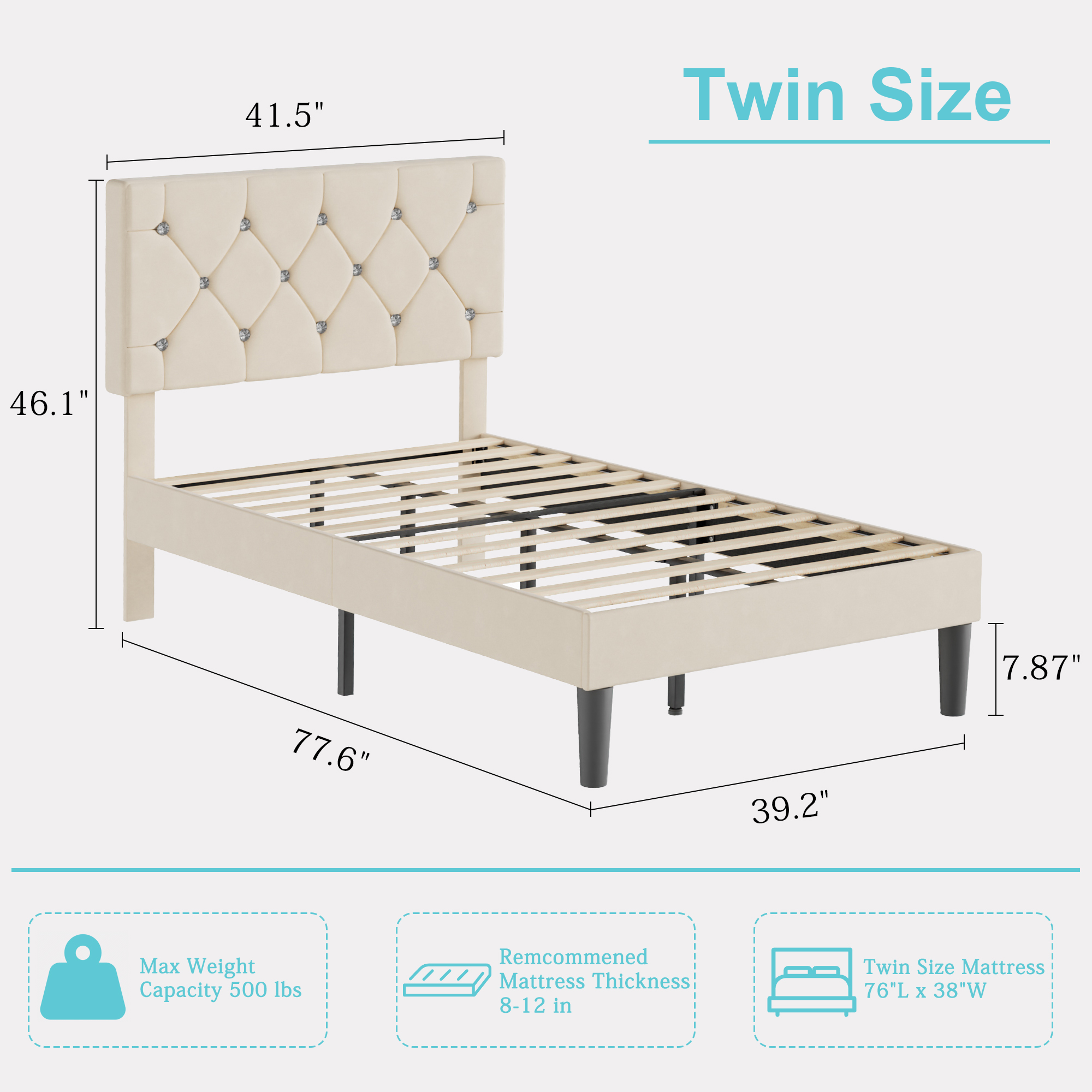 VECELO Twin Size Bed Frame, Upholstered Platform with Adjustable Diamond Tufted Headboard