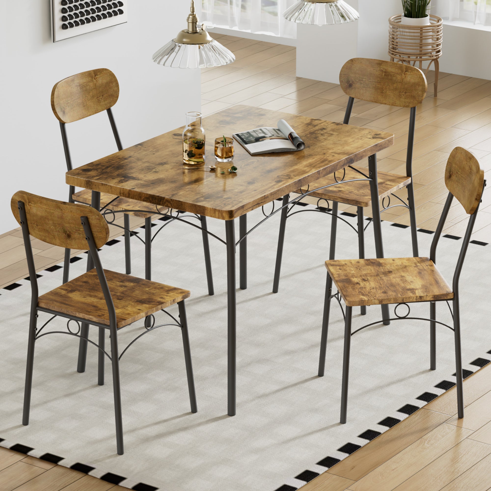 VECELO  Farmhouse Style 5 Piece Dining Table Set Metal and Wood Rectangular Table with 4 Chairs
