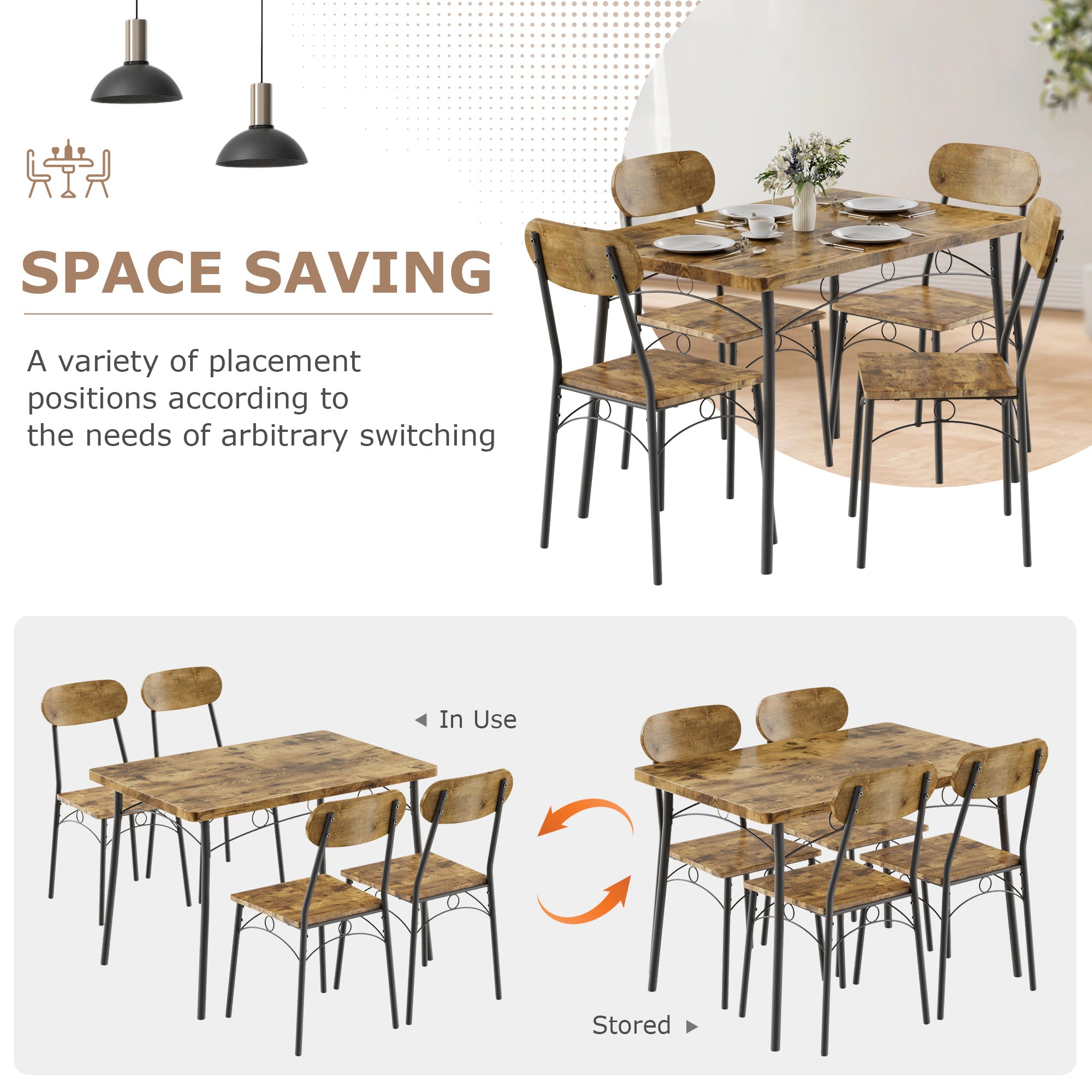 VECELO  Farmhouse Style 5 Piece Dining Table Set Metal and Wood Rectangular Table with 4 Chairs