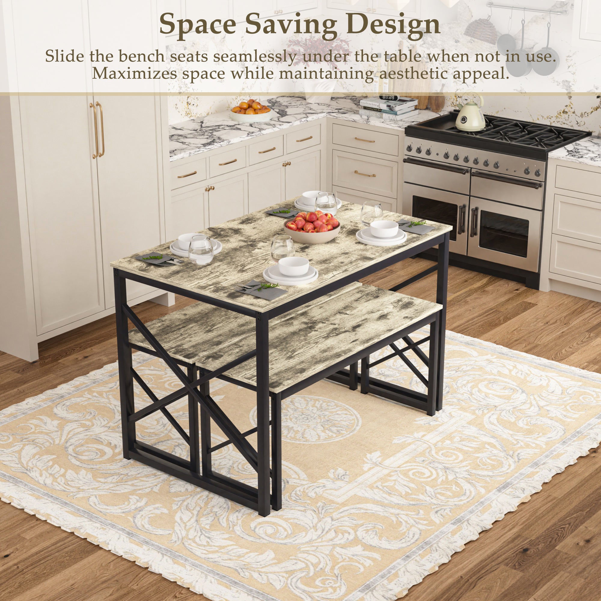 VECELO Kitchen Table with 2 Benches for 4