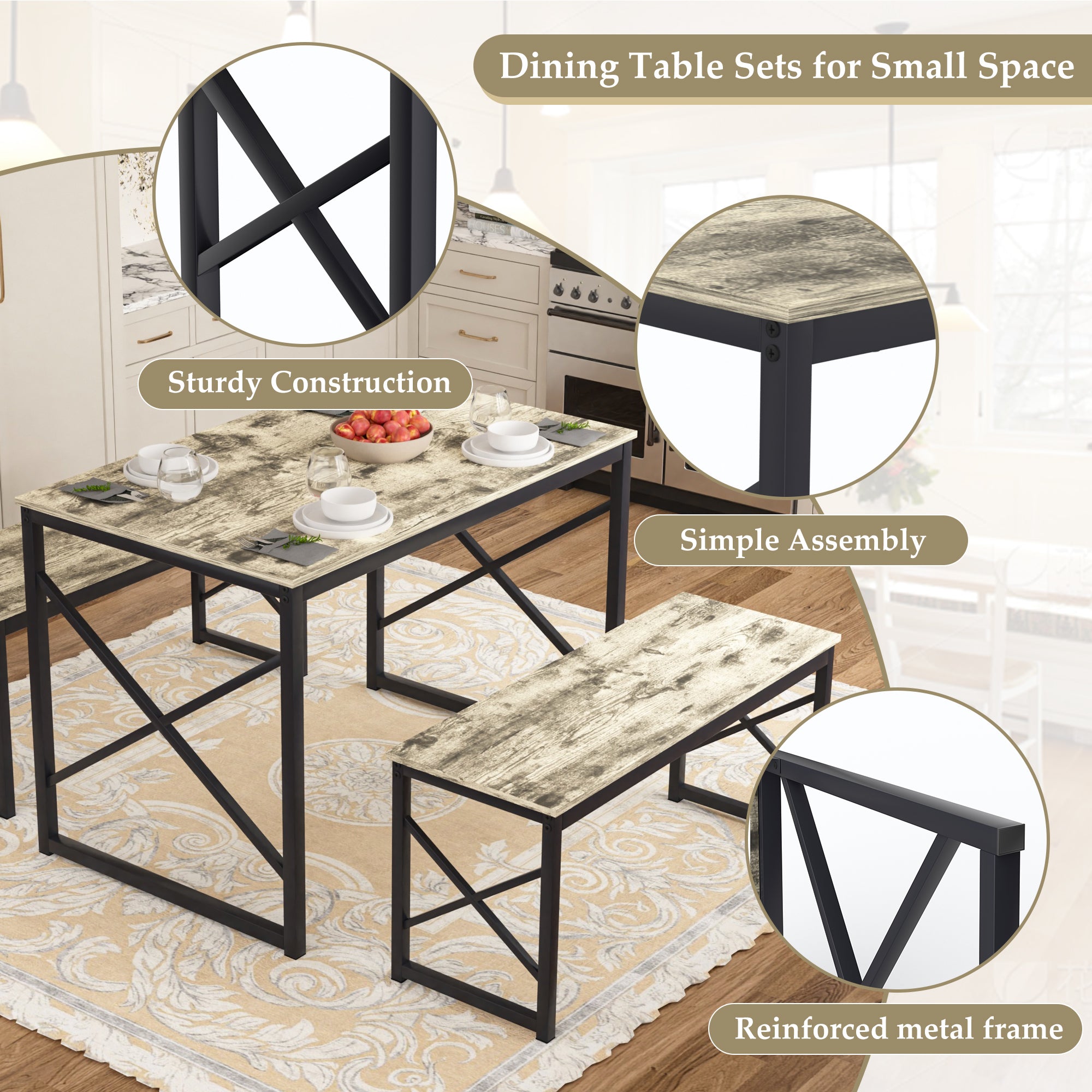 VECELO Kitchen Table with 2 Benches for 4