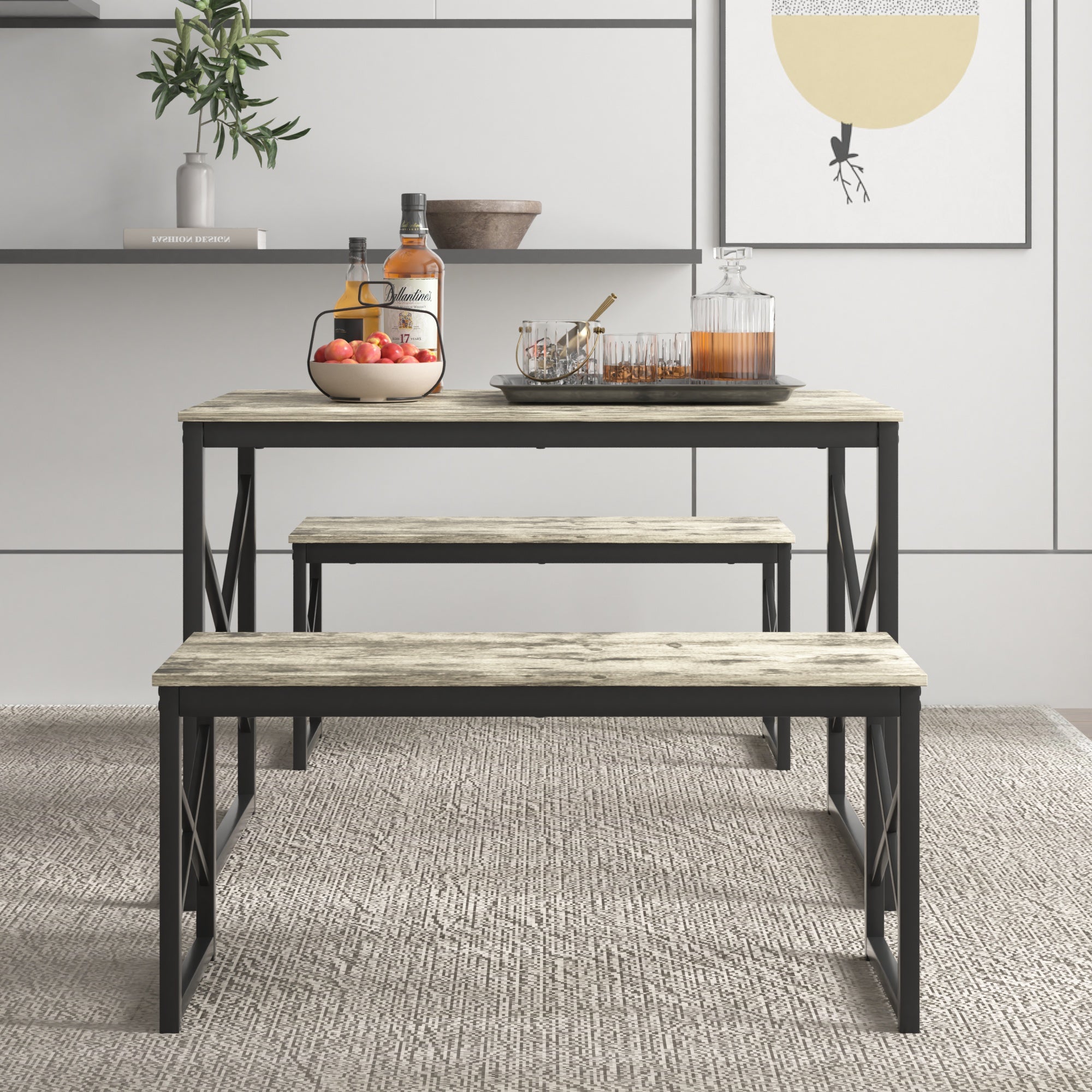VECELO Kitchen Table with 2 Benches for 4