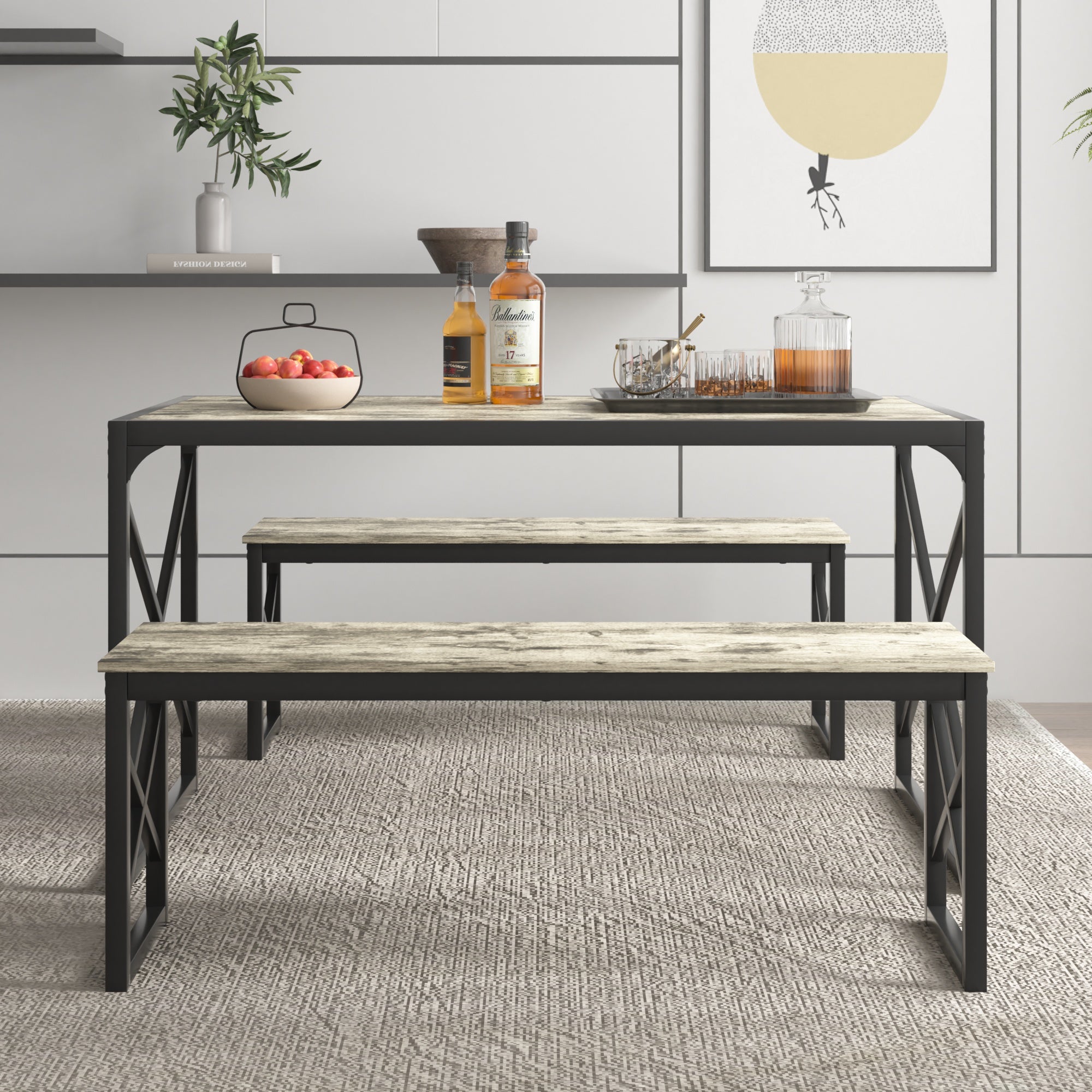 VECELO Kitchen Table with 2 Benches for 4