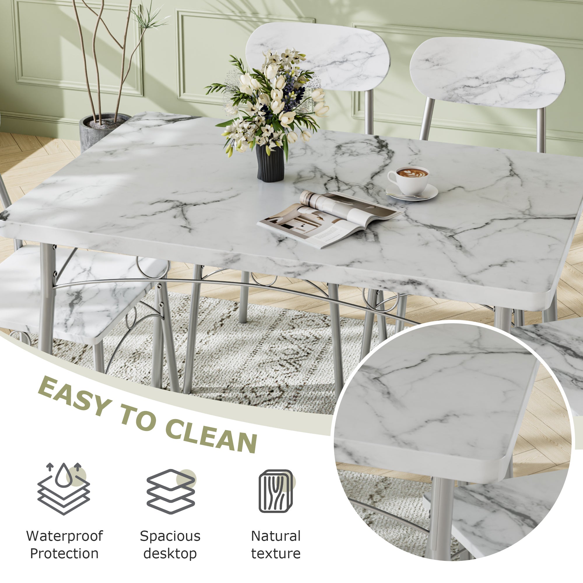 VECELO  Farmhouse Style 5 Piece Dining Table Set Metal and Wood Rectangular Table with 4 Chairs