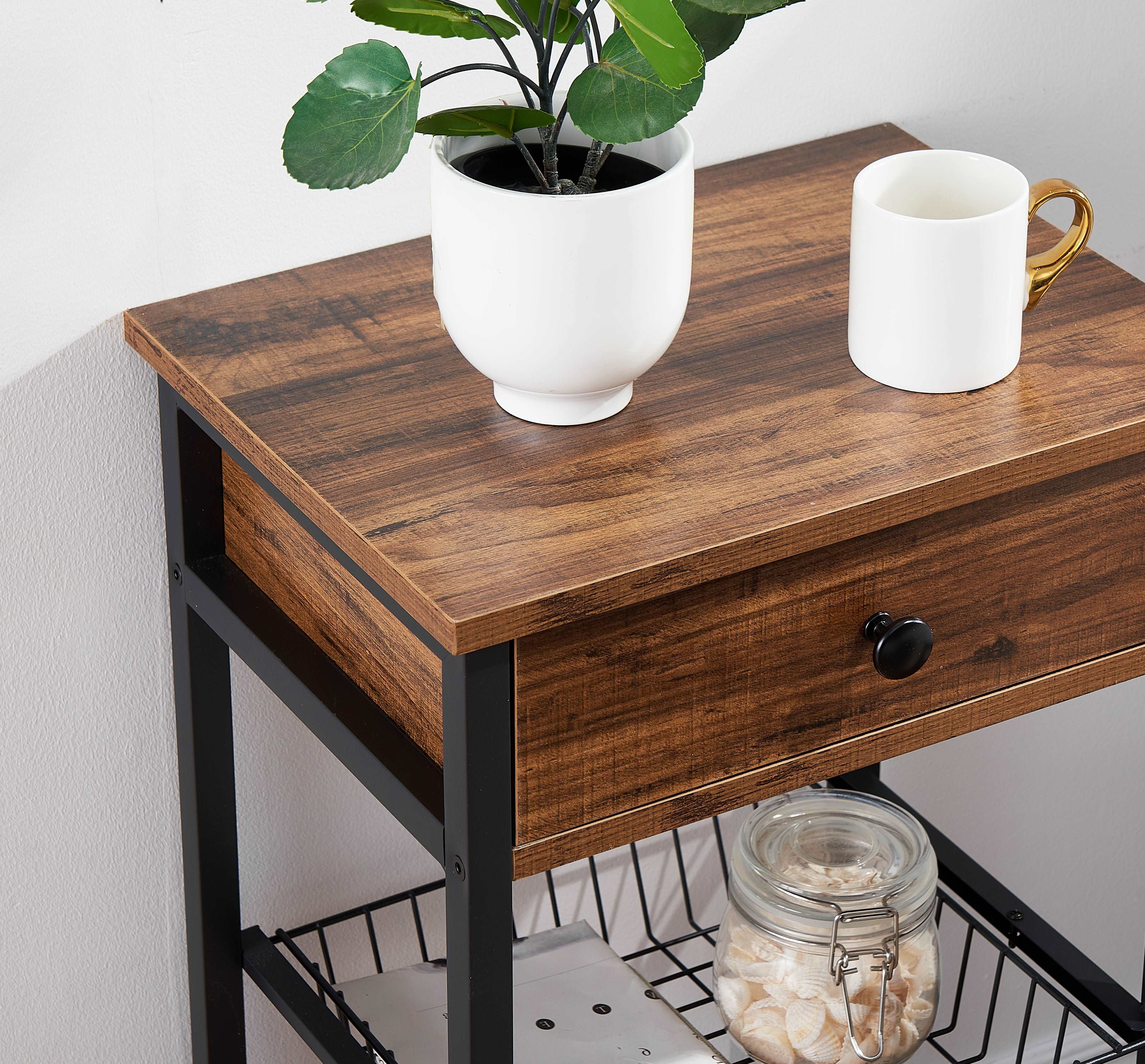 VECELO 27.6” Tall Nightstand/Side/Sofa Table with Storage Drawer and Basket for Living Room/Bedroom