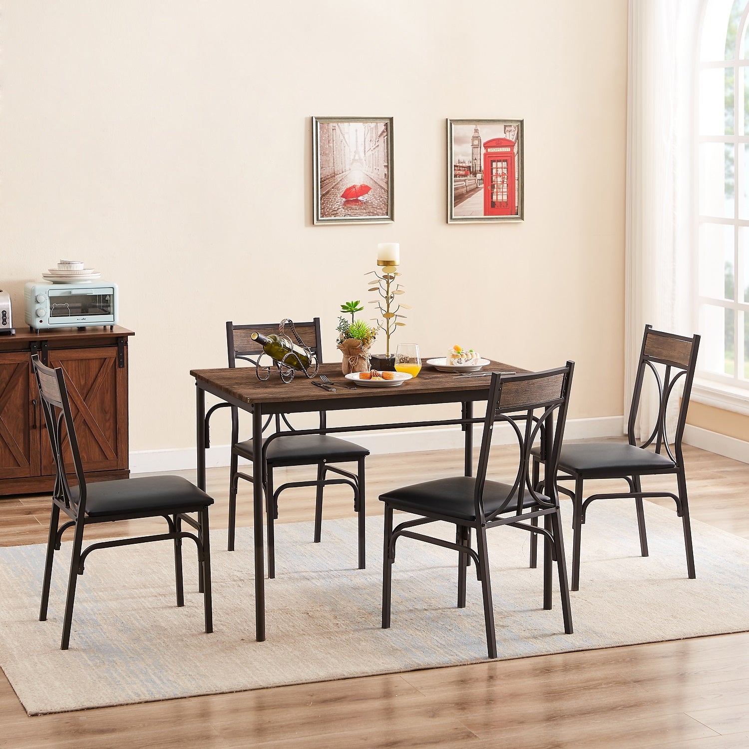 VECELO Industrial 5-Piece Modern Rectangular Dining Table Set with 4 Chairs