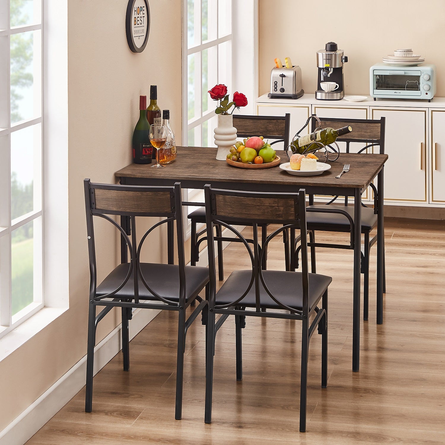 VECELO Industrial 5-Piece Modern Rectangular Dining Table Set with 4 Chairs