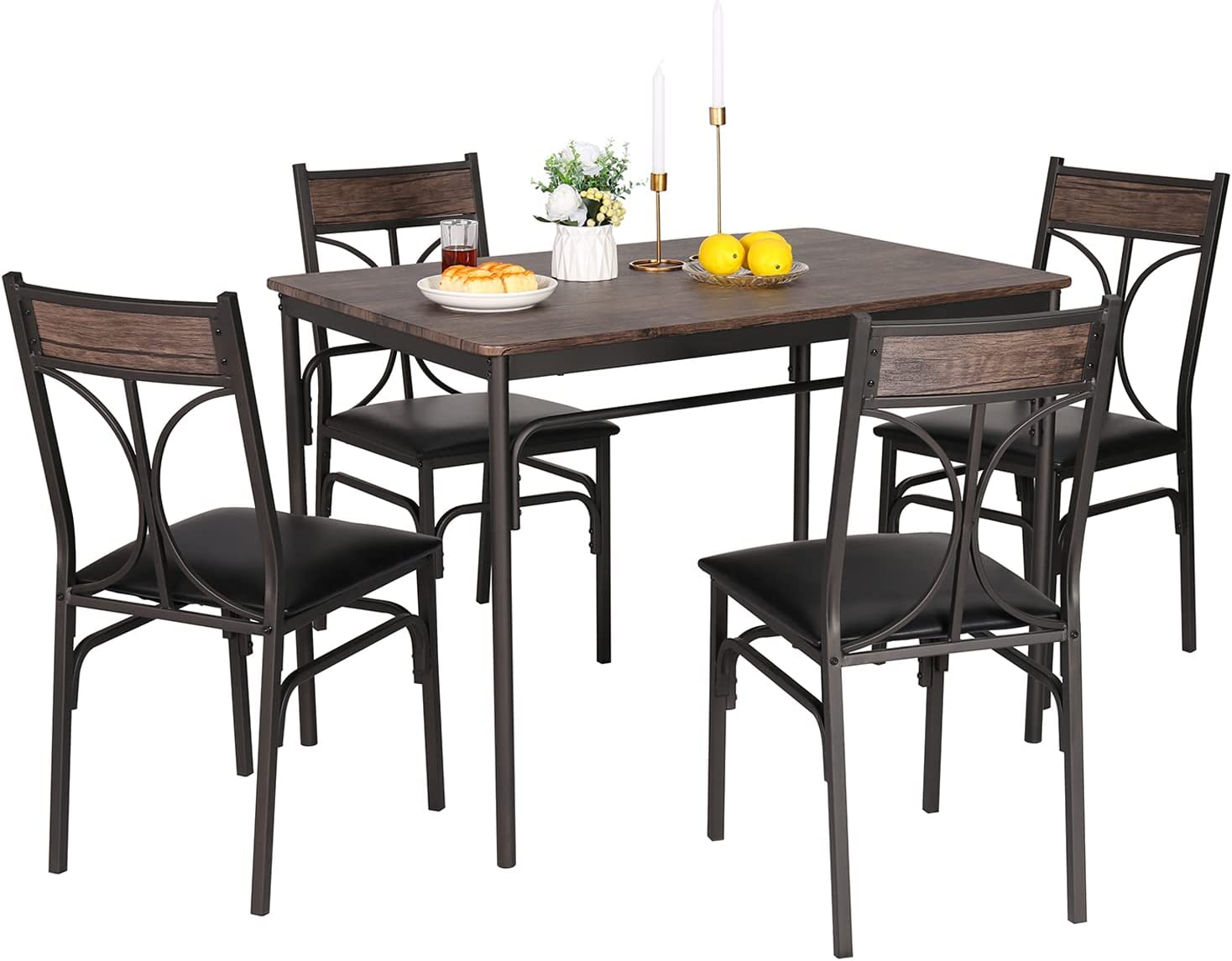 VECELO Industrial 5-Piece Modern Rectangular Dining Table Set with 4 Chairs