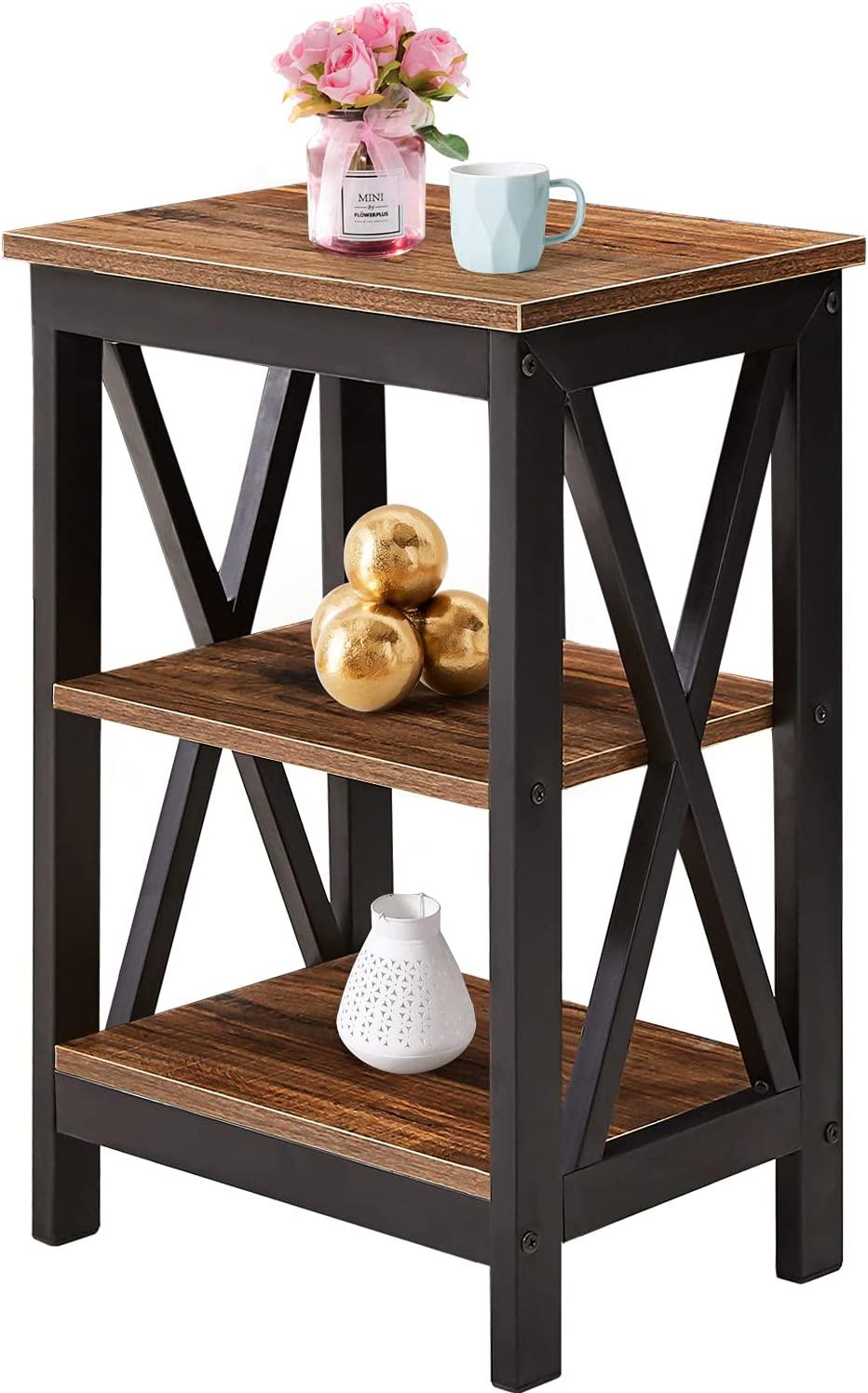 Modern Nightstand/Side End Table with X-Design Frame & 3-Tiers Open Storage Shelf