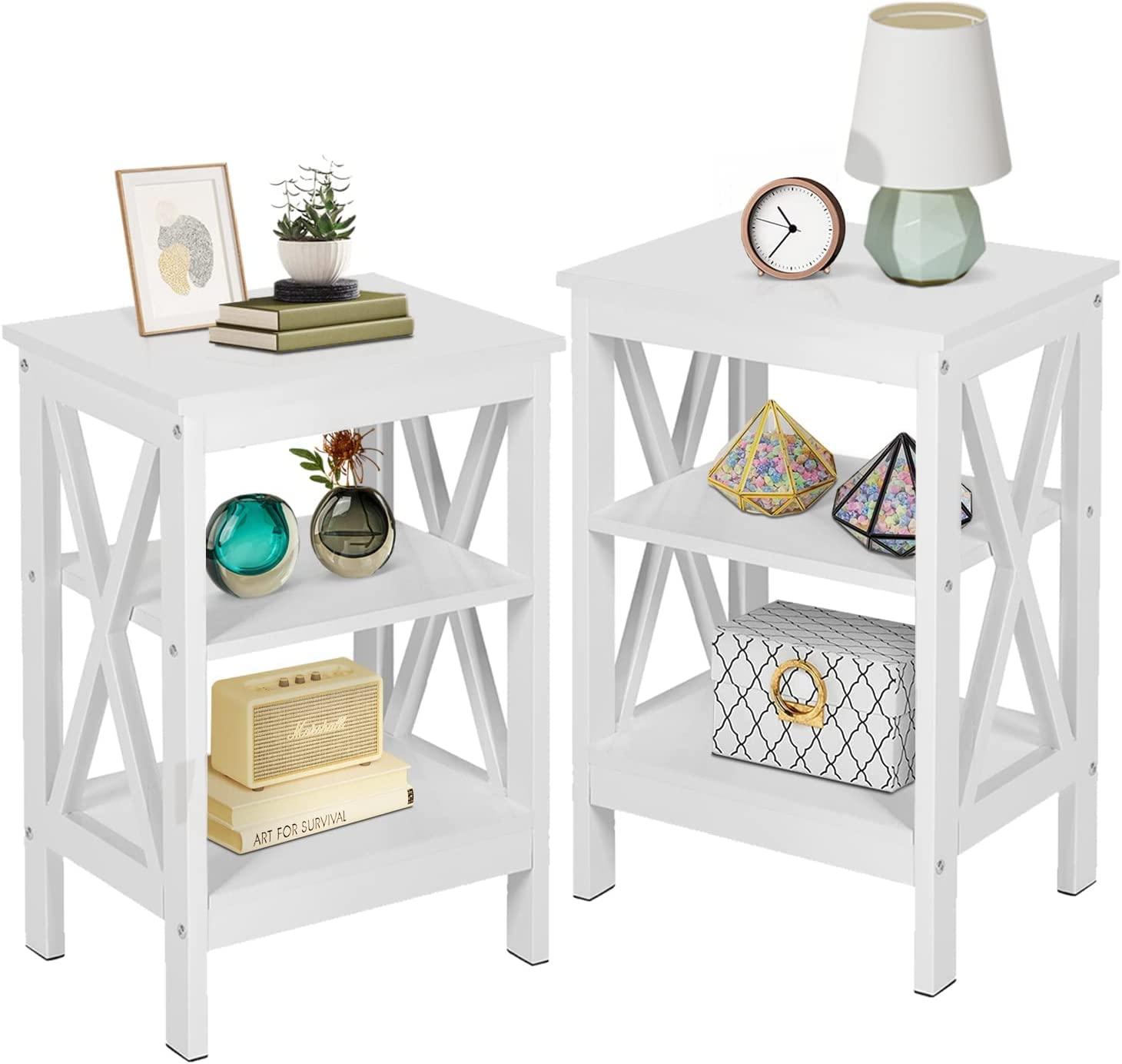 Modern Nightstand/Side End Table with X-Design Frame & 3-Tiers Open Storage Shelf