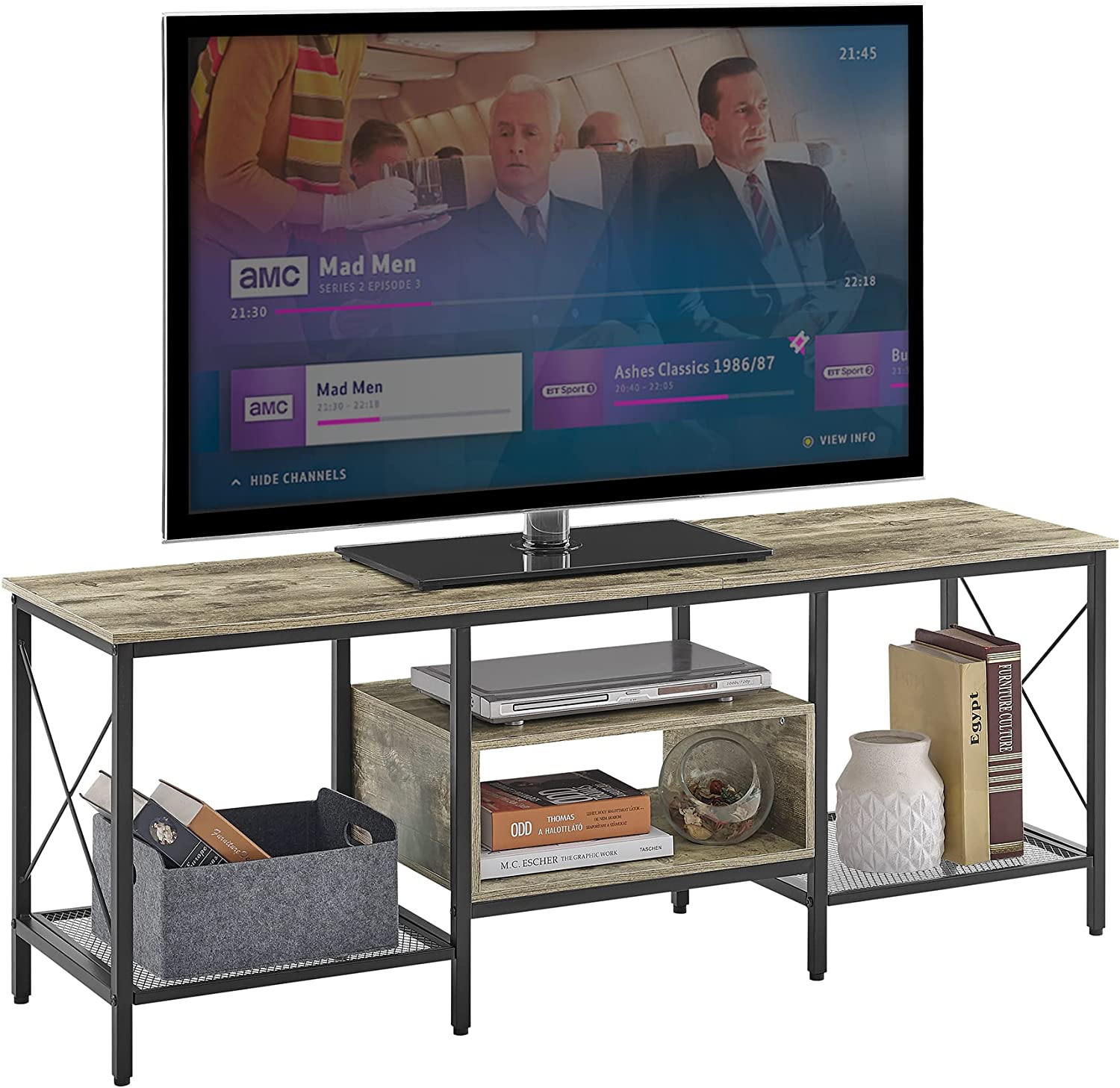 VECELO Industrial TV Stand Television Cabinet 3-Tier Console with Open Storage Shelves, Entertainment Center with Metal Frame for Living Room